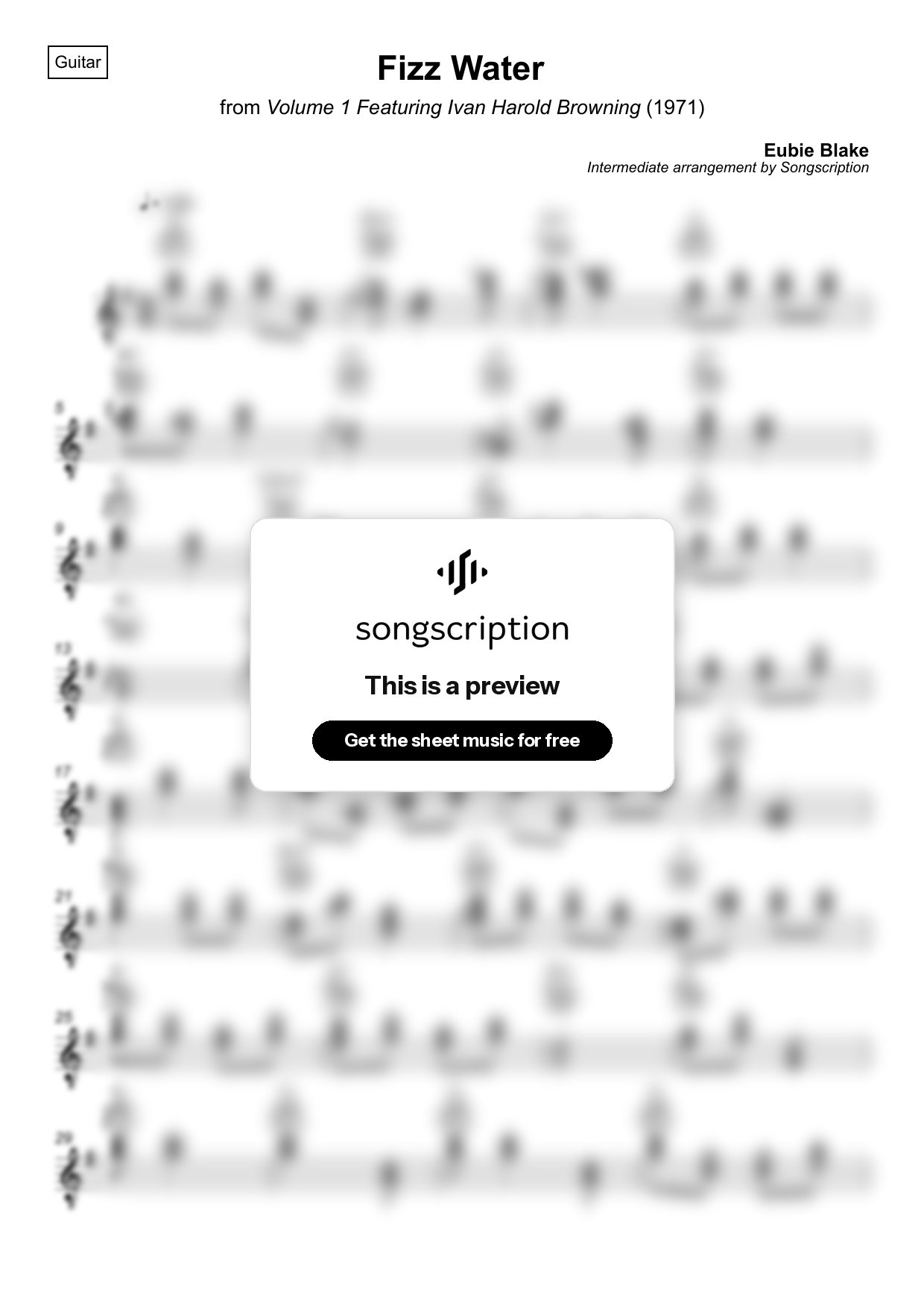 Intermediate Acoustic Guitar Sheet Music for "Fizz Water" by Eubie Blake