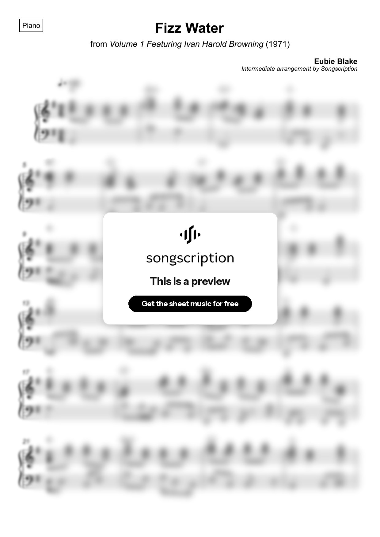 Intermediate Piano Sheet Music for "Fizz Water" by Eubie Blake