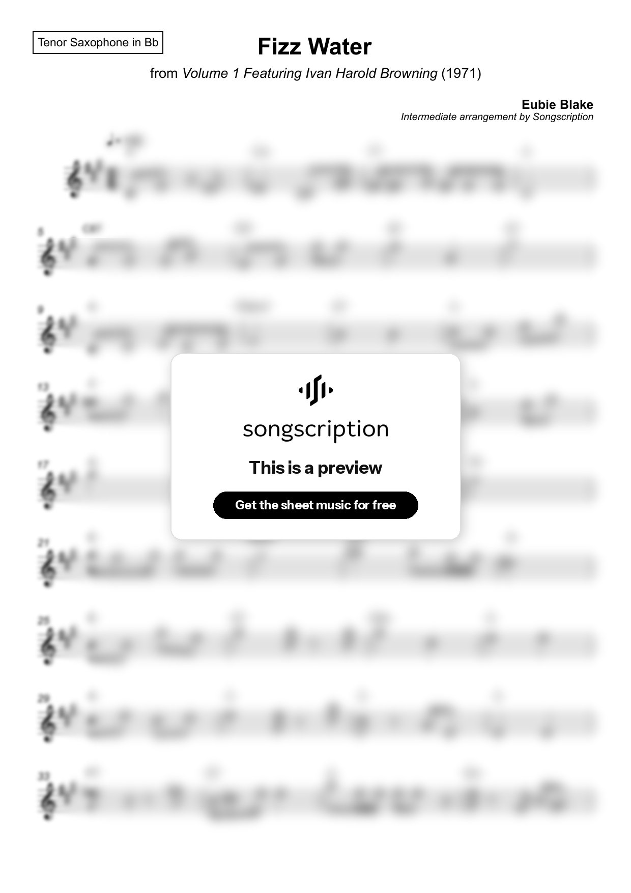 Intermediate Tenor Sax Sheet Music for "Fizz Water" by Eubie Blake