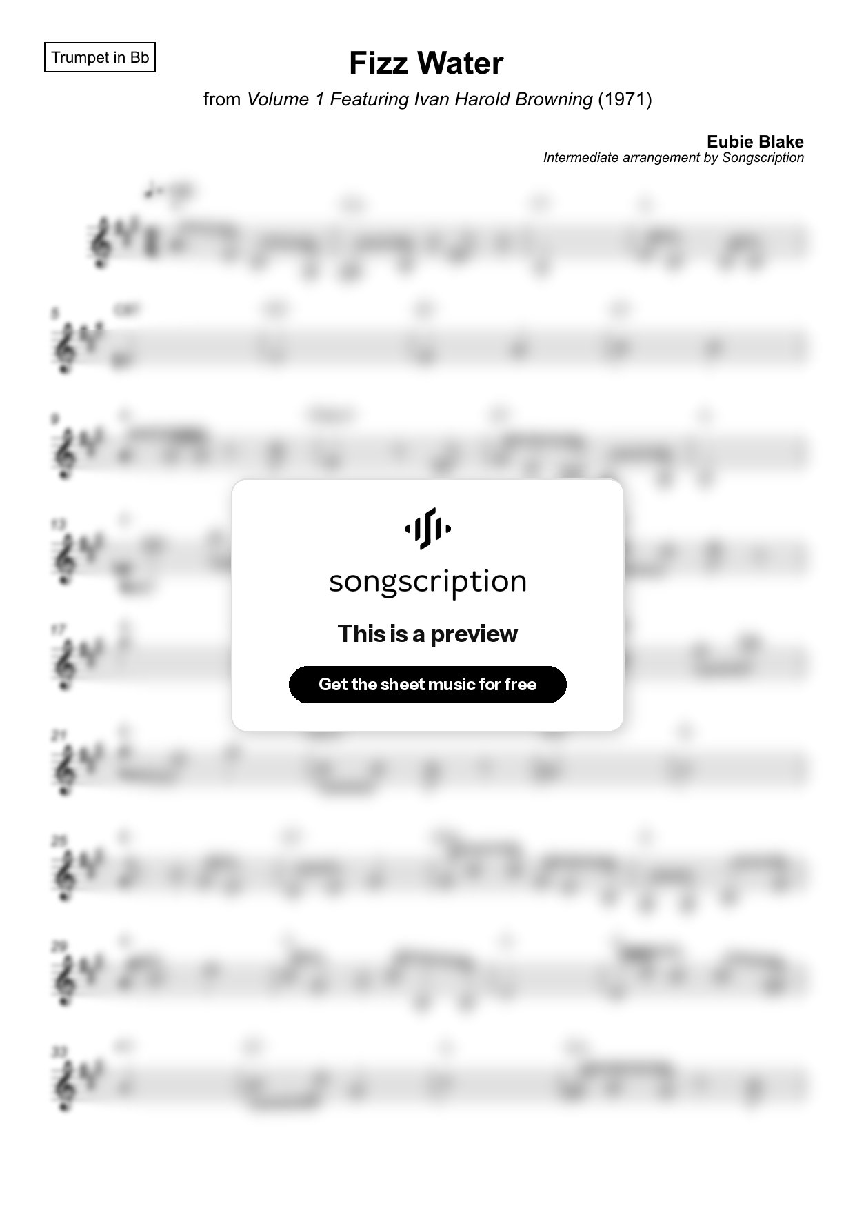 Intermediate Trumpet Sheet Music for "Fizz Water" by Eubie Blake