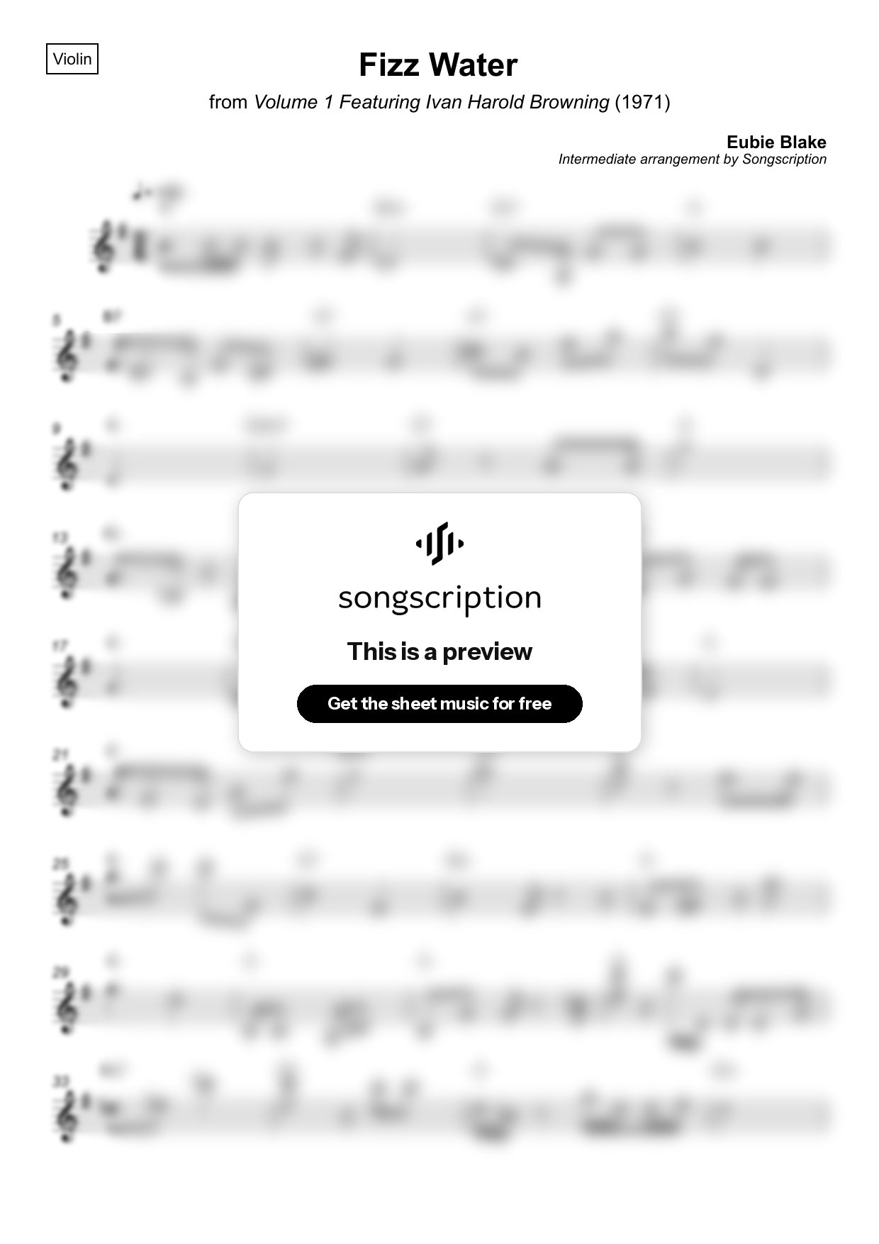 Intermediate Violin Sheet Music for "Fizz Water" by Eubie Blake