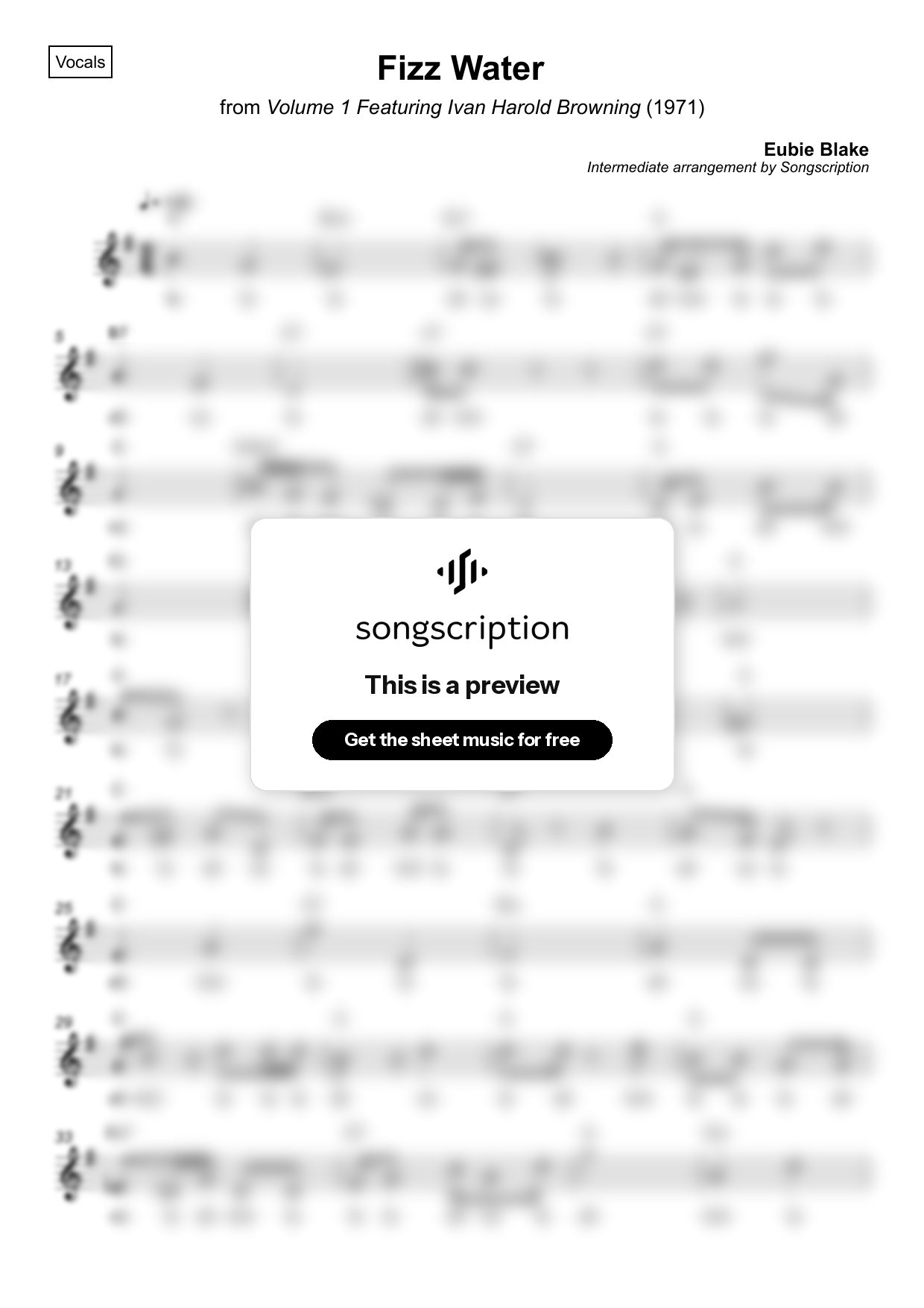 Intermediate Vocals Sheet Music for "Fizz Water" by Eubie Blake