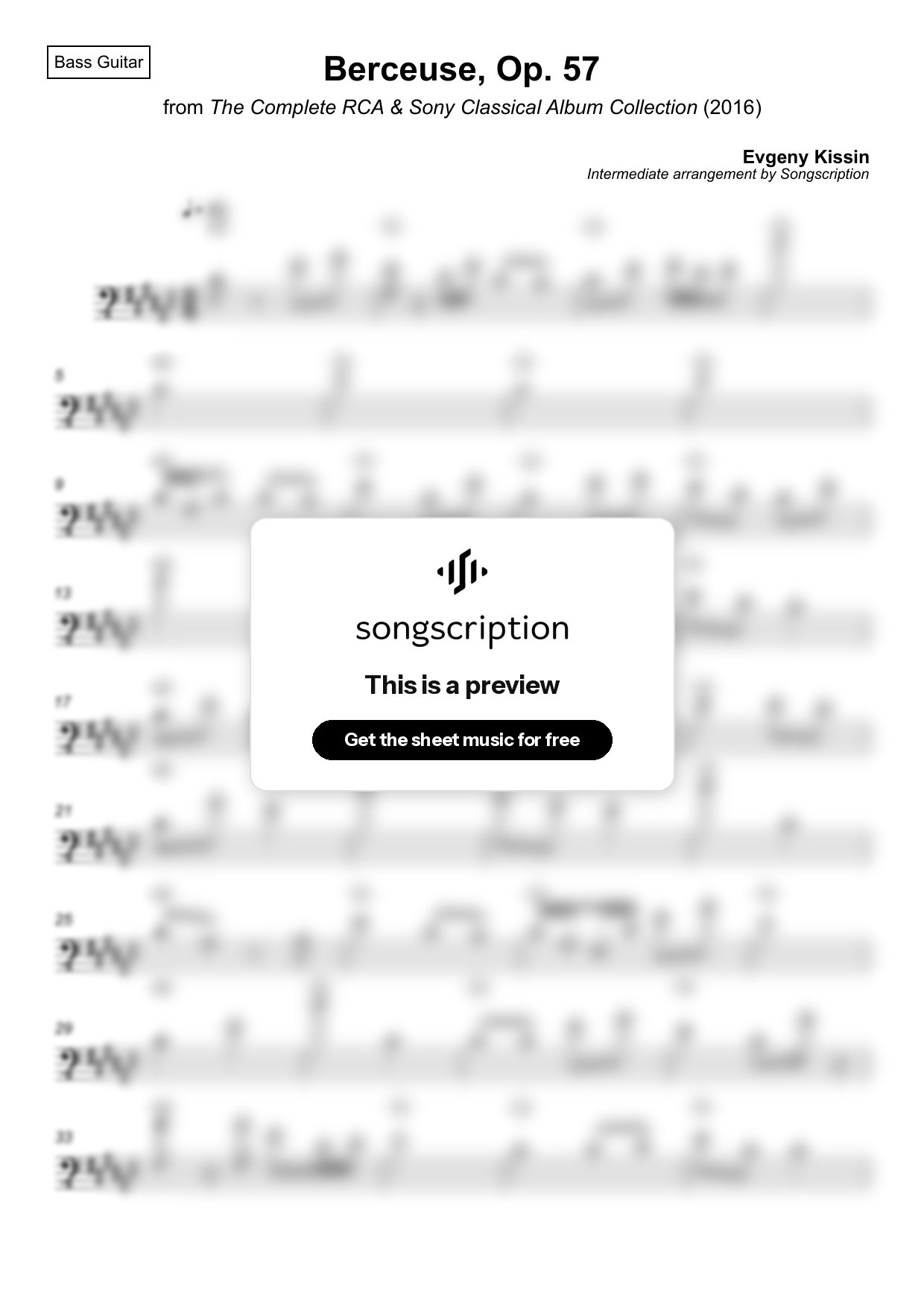 Intermediate Bass Guitar Sheet Music for "Berceuse, Op. 57" by Evgeny Kissin