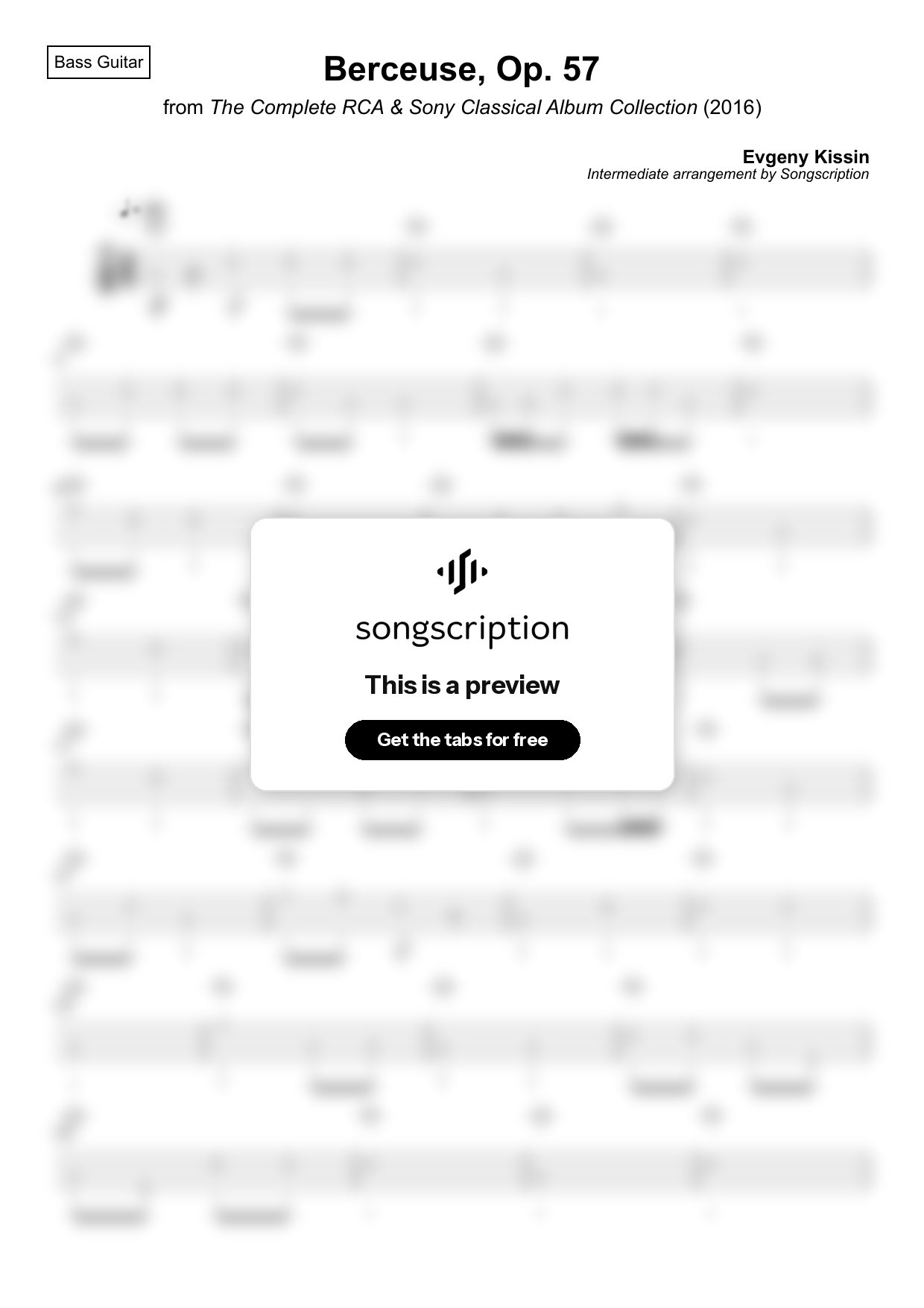 Intermediate Bass Guitar Tabs for "Berceuse, Op. 57" by Evgeny Kissin