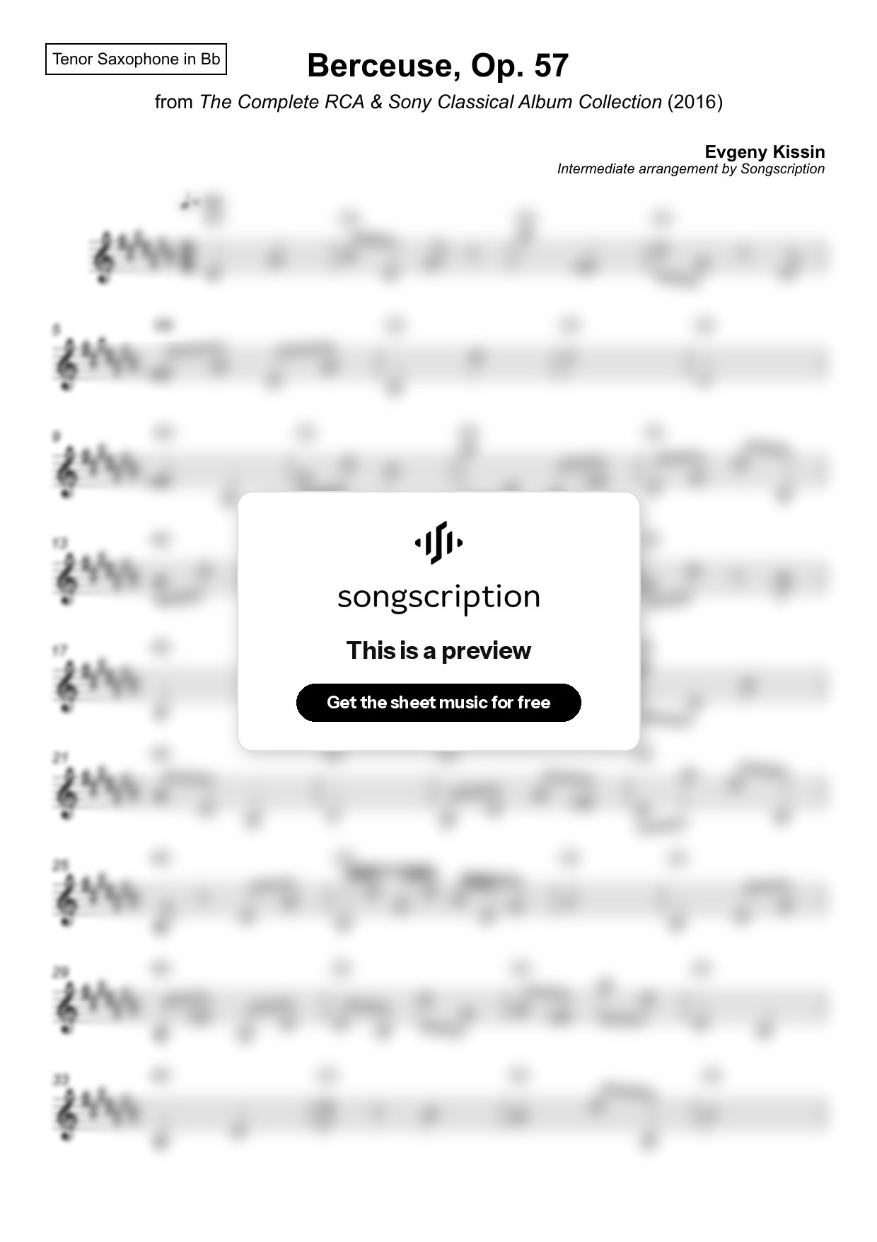 Intermediate Tenor Sax Sheet Music for "Berceuse, Op. 57" by Evgeny Kissin