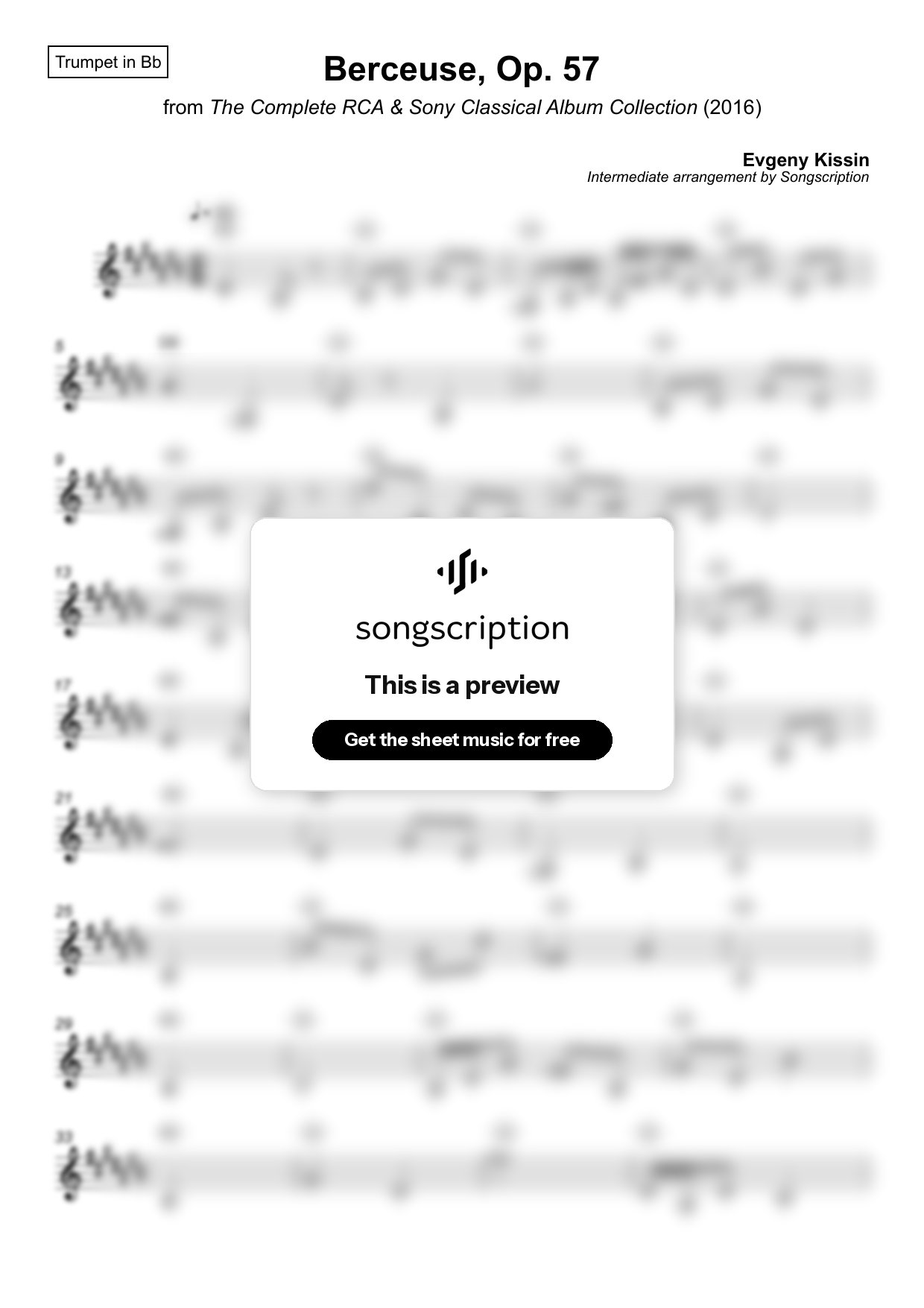 Intermediate Trumpet Sheet Music for "Berceuse, Op. 57" by Evgeny Kissin