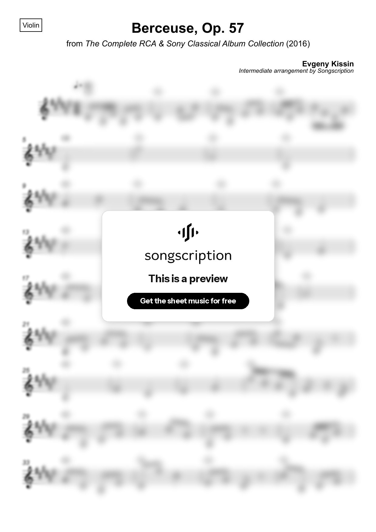 Intermediate Violin Sheet Music for "Berceuse, Op. 57" by Evgeny Kissin