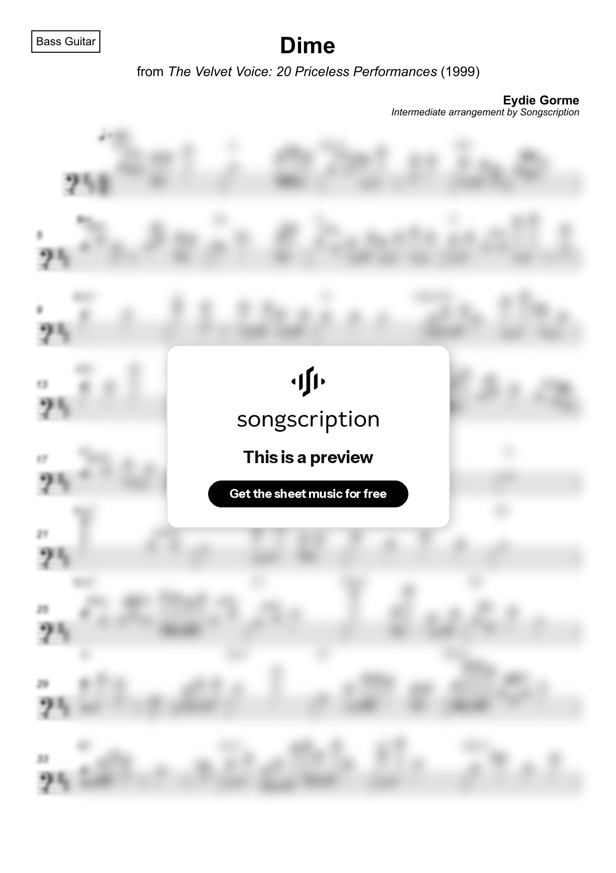 Intermediate Bass Guitar Sheet Music for "Dime" by Eydie Gorme