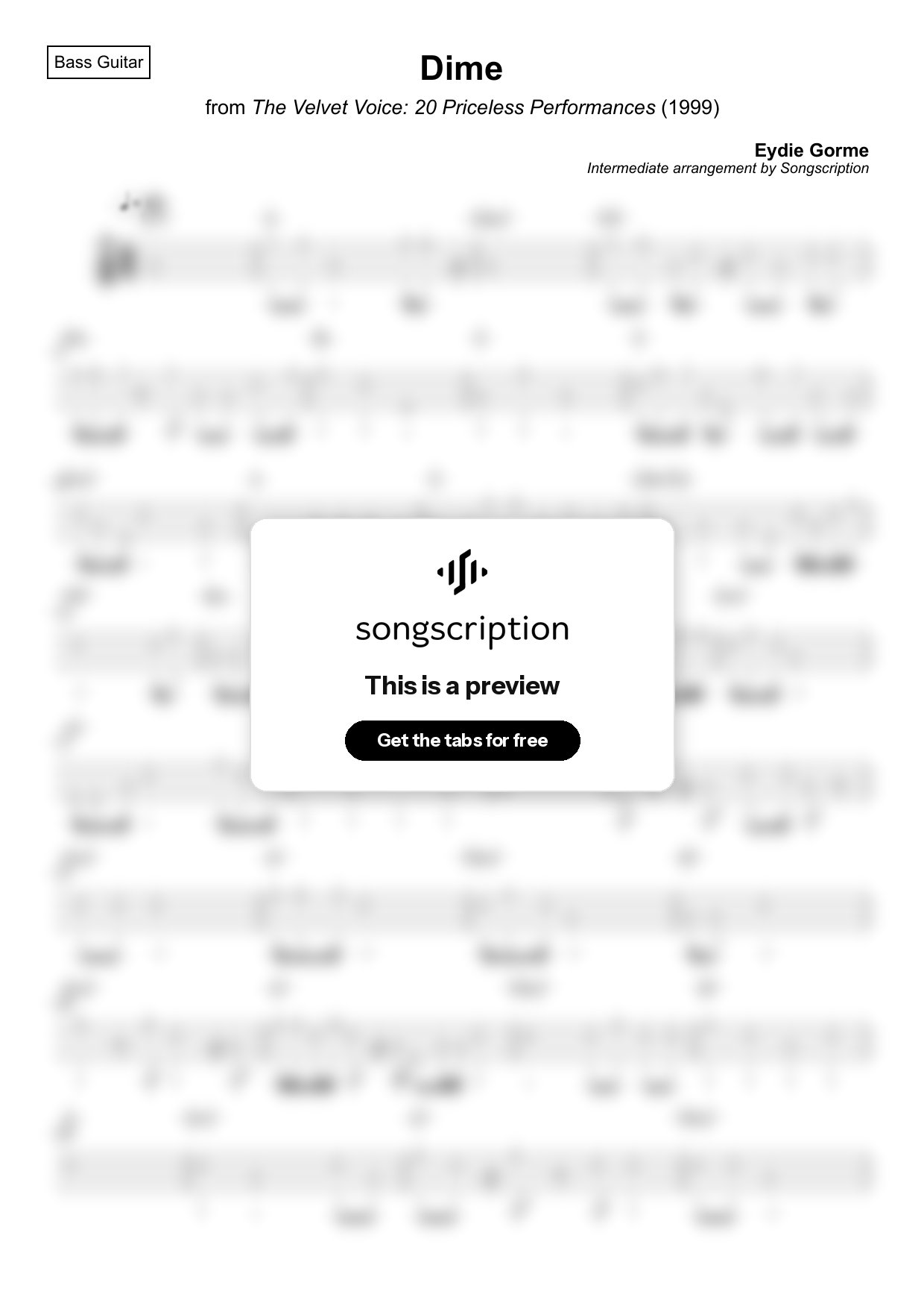 Intermediate Bass Guitar Tabs for "Dime" by Eydie Gorme