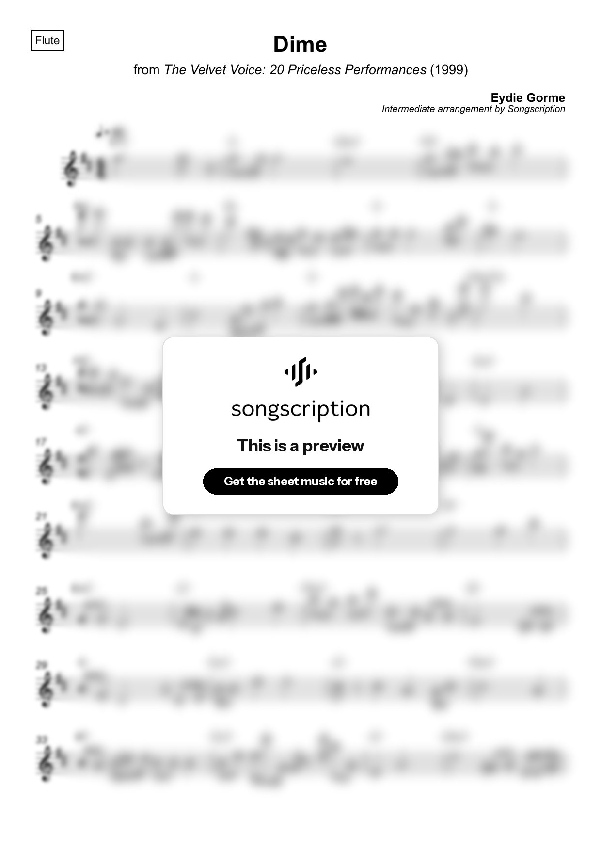Intermediate Flute Sheet Music for "Dime" by Eydie Gorme