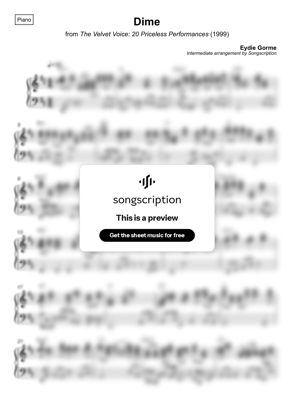 Intermediate Piano Sheet Music for "Dime" by Eydie Gorme