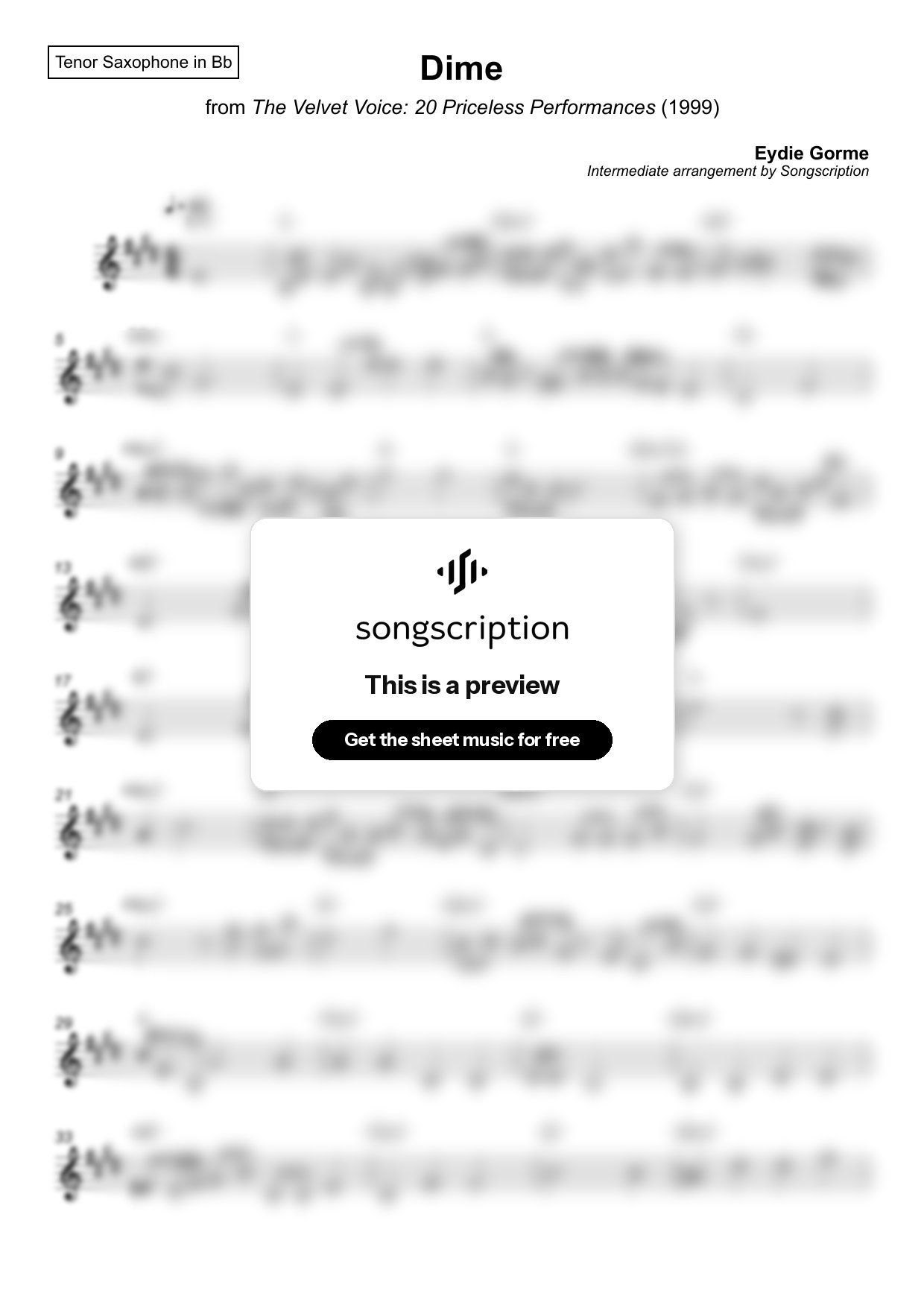 Intermediate Tenor Sax Sheet Music for "Dime" by Eydie Gorme