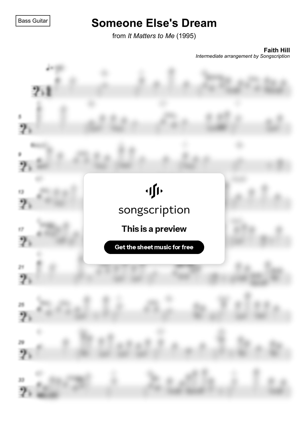 Intermediate Bass Guitar Sheet Music for "Someone Else's Dream" by Faith Hill