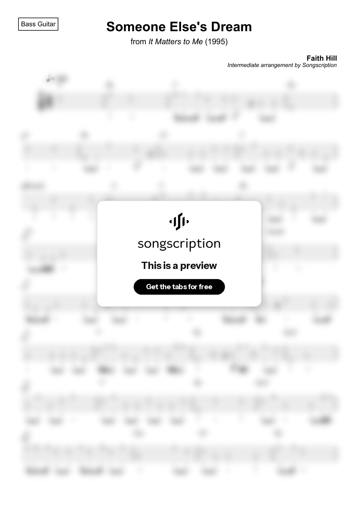 Intermediate Bass Guitar Tabs for "Someone Else's Dream" by Faith Hill