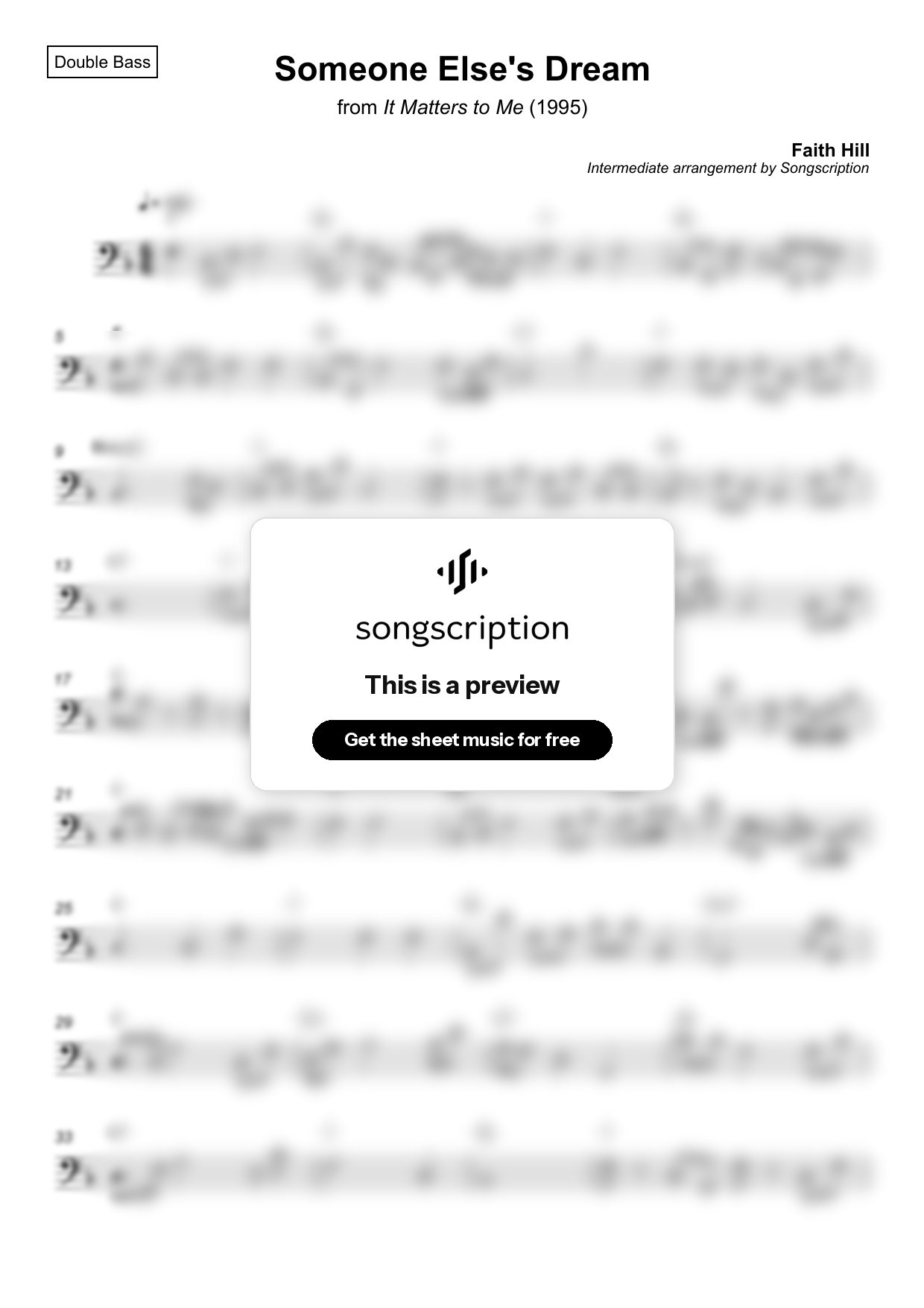 Intermediate Double Bass Sheet Music for "Someone Else's Dream" by Faith Hill
