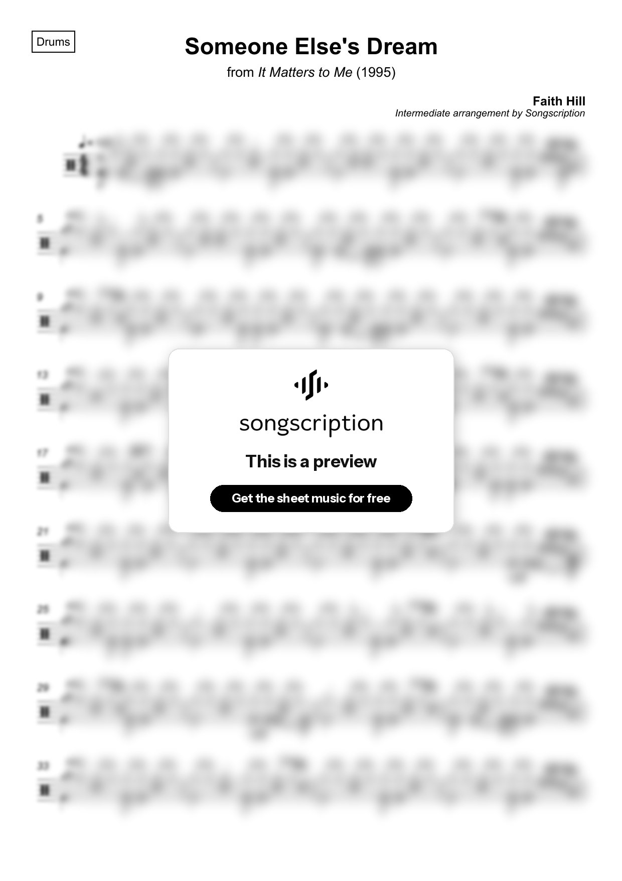 Intermediate Drums Sheet Music for "Someone Else's Dream" by Faith Hill