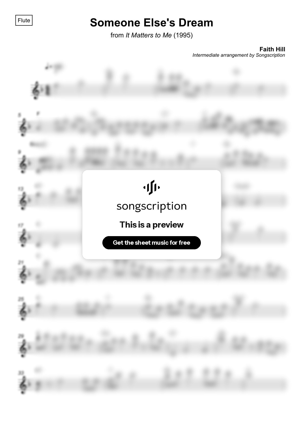 Intermediate Flute Sheet Music for "Someone Else's Dream" by Faith Hill