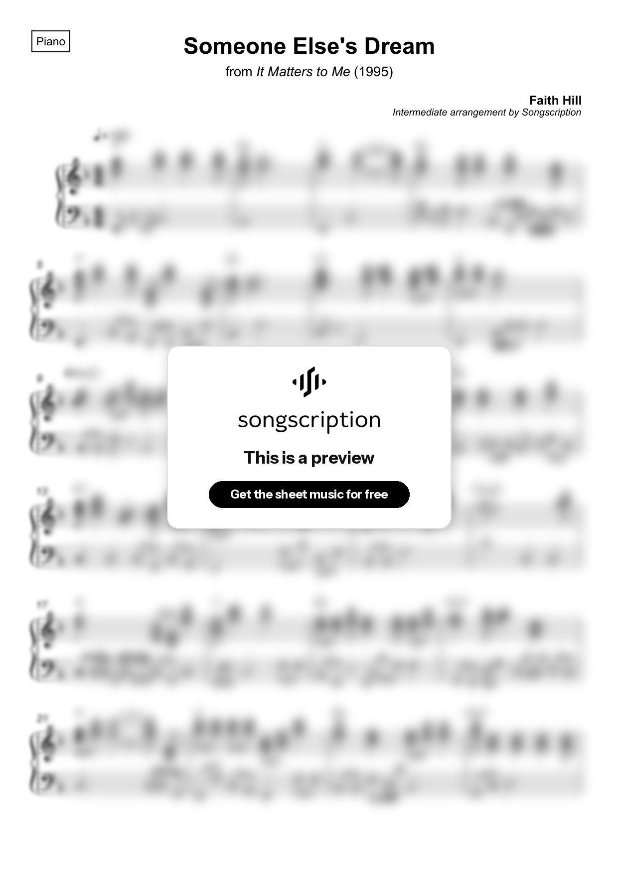 Intermediate Piano Sheet Music for "Someone Else's Dream" by Faith Hill