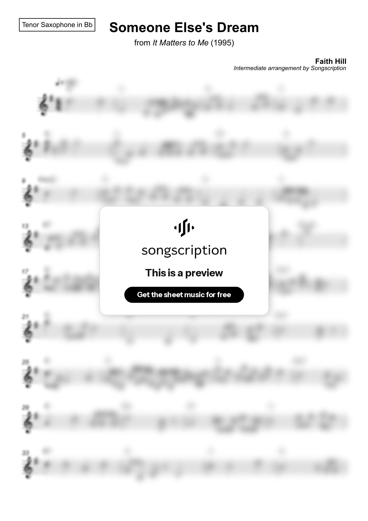 Intermediate Tenor Sax Sheet Music for "Someone Else's Dream" by Faith Hill