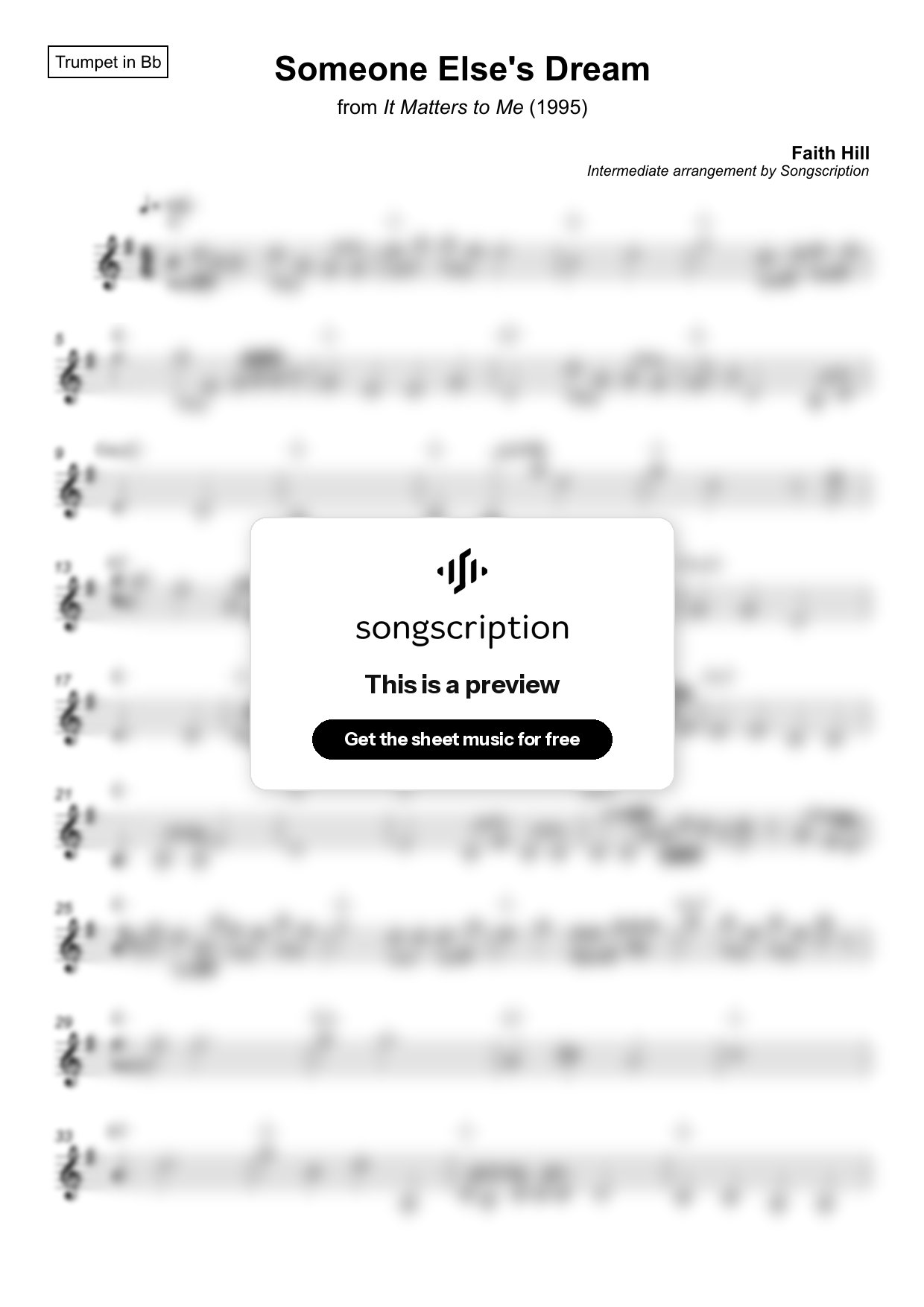 Intermediate Trumpet Sheet Music for "Someone Else's Dream" by Faith Hill