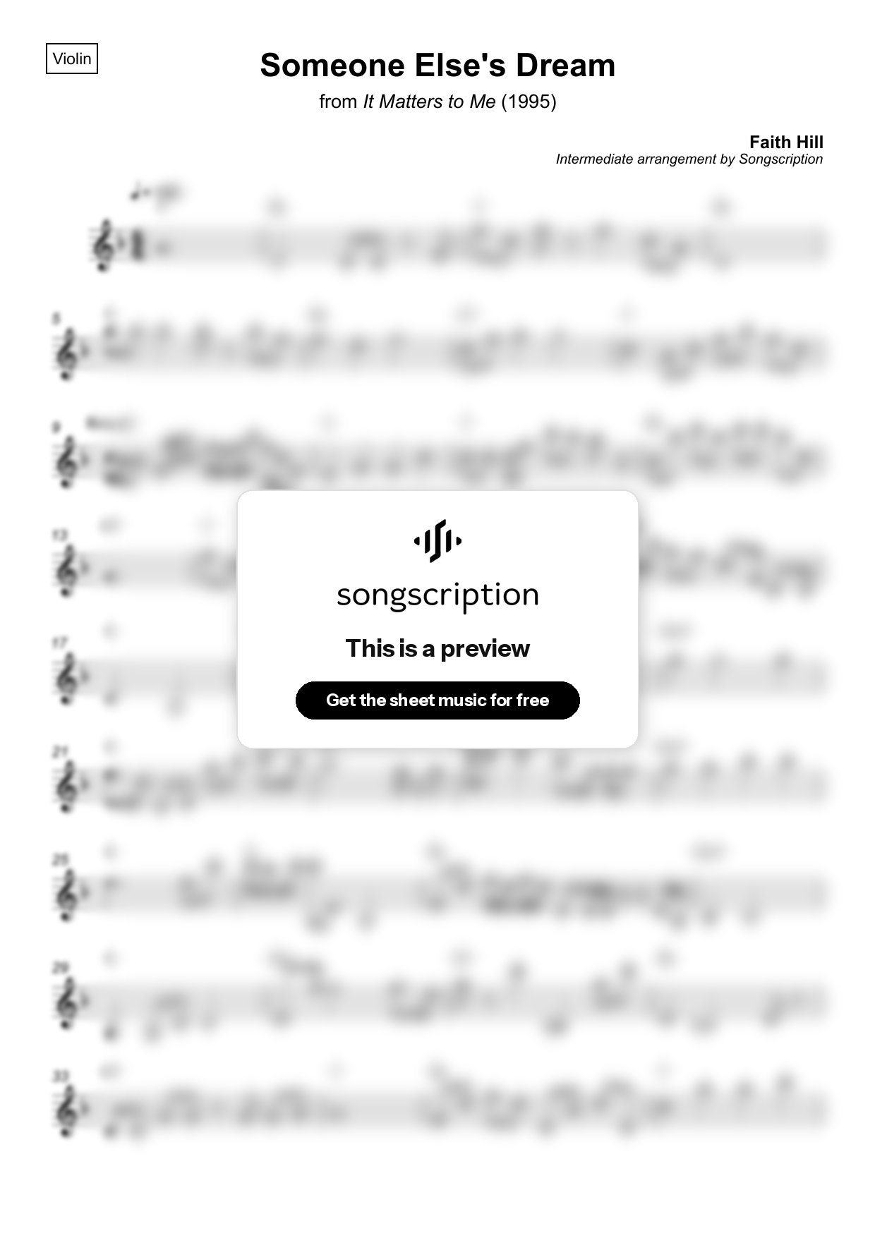 Intermediate Violin Sheet Music for "Someone Else's Dream" by Faith Hill