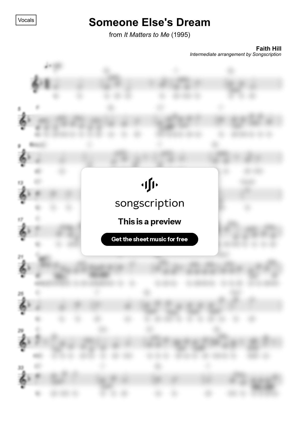 Intermediate Vocals Sheet Music for "Someone Else's Dream" by Faith Hill