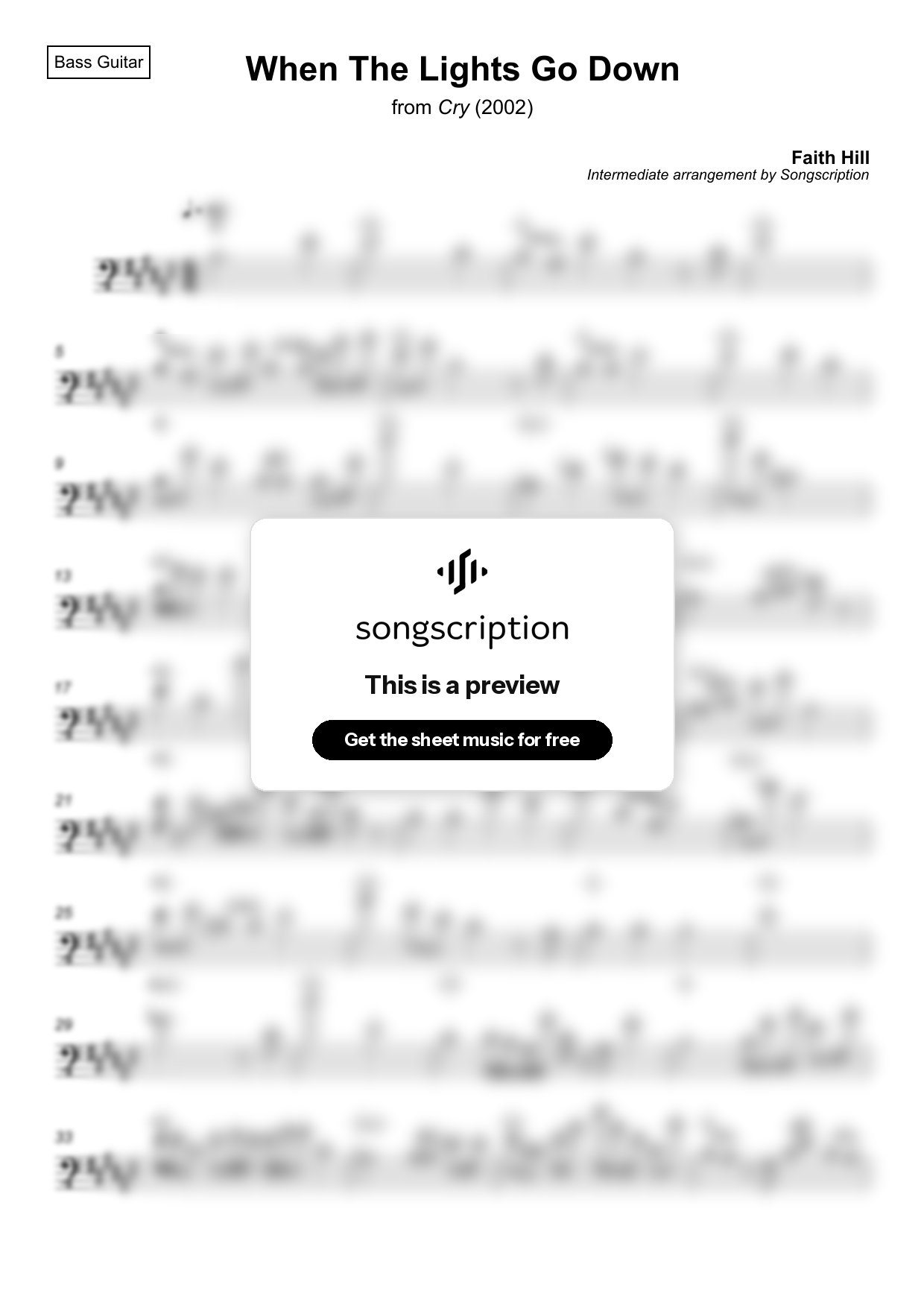 Intermediate Bass Guitar Sheet Music for "When The Lights Go Down" by Faith Hill