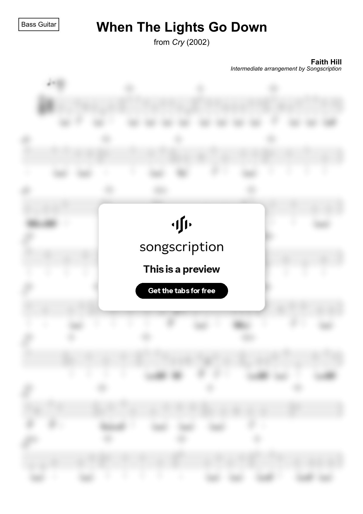 Intermediate Bass Guitar Tabs for "When The Lights Go Down" by Faith Hill