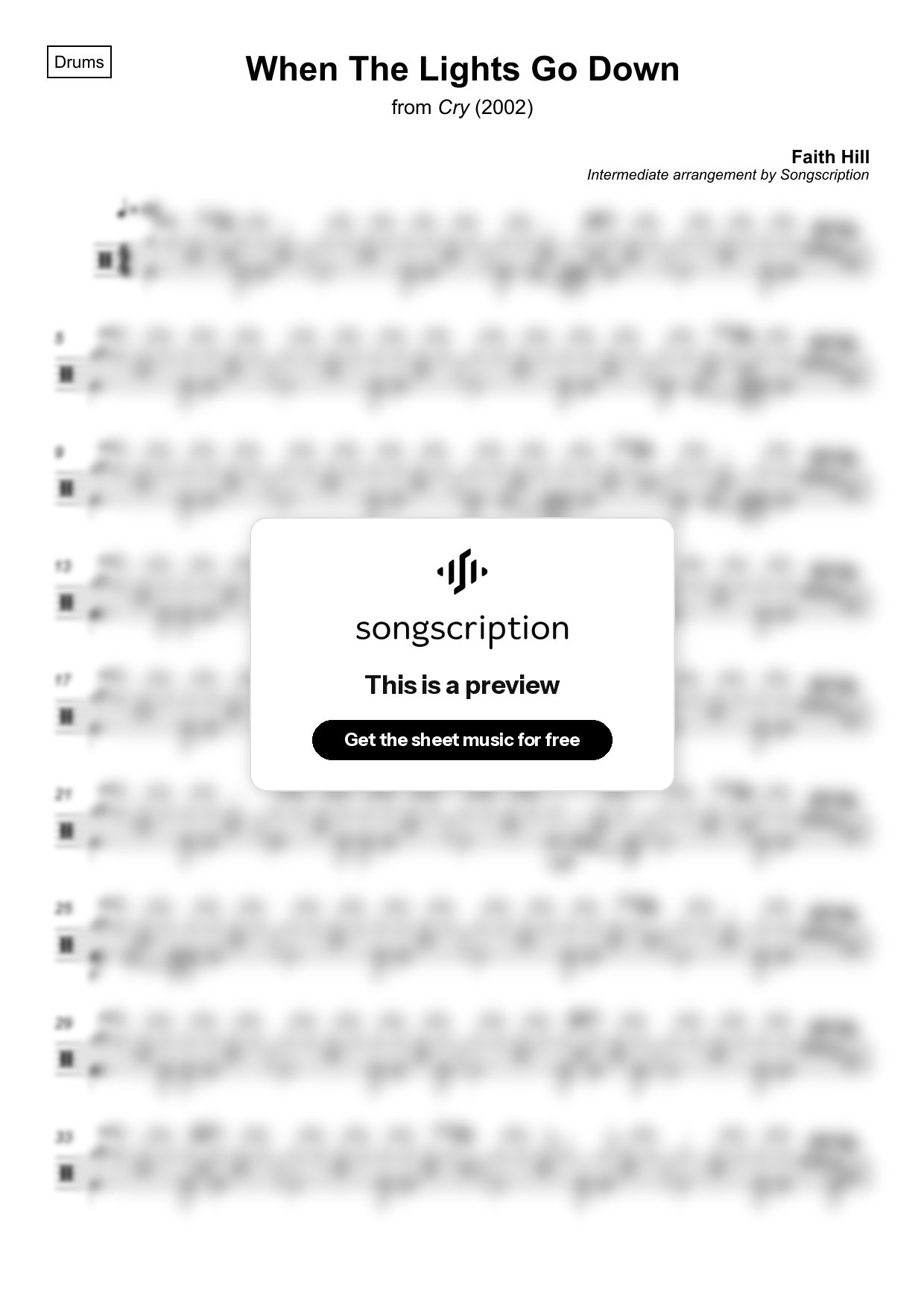 Intermediate Drums Sheet Music for "When The Lights Go Down" by Faith Hill
