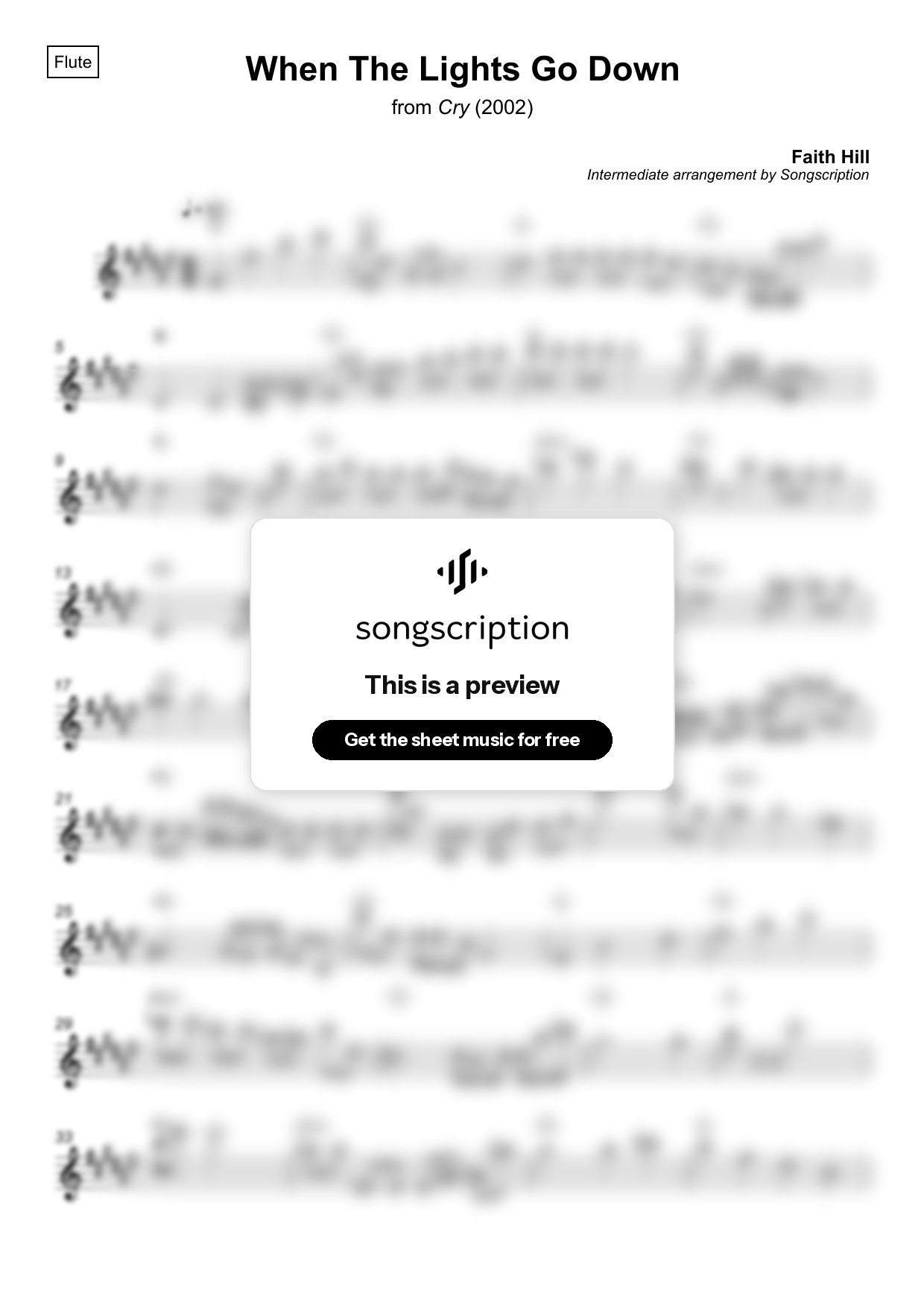 Intermediate Flute Sheet Music for "When The Lights Go Down" by Faith Hill