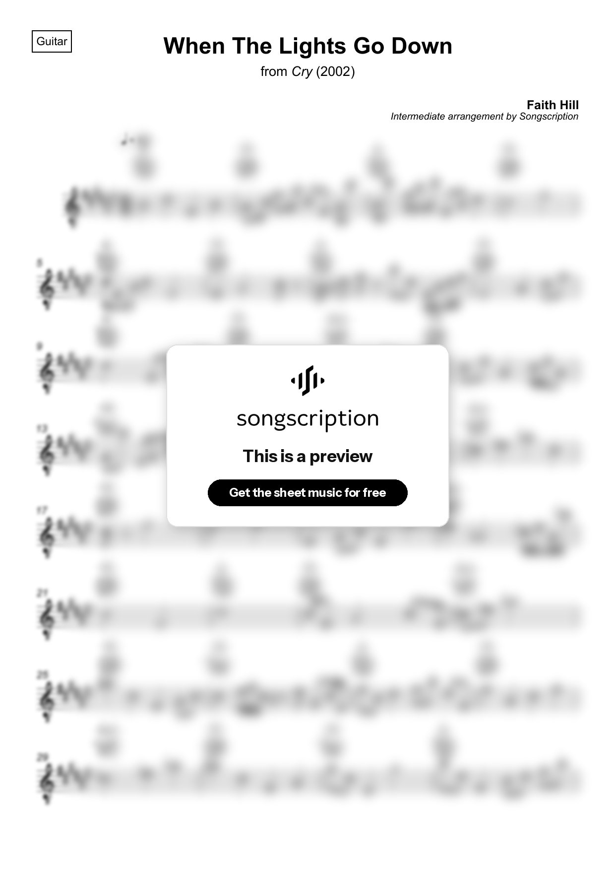 Intermediate Acoustic Guitar Sheet Music for "When The Lights Go Down" by Faith Hill