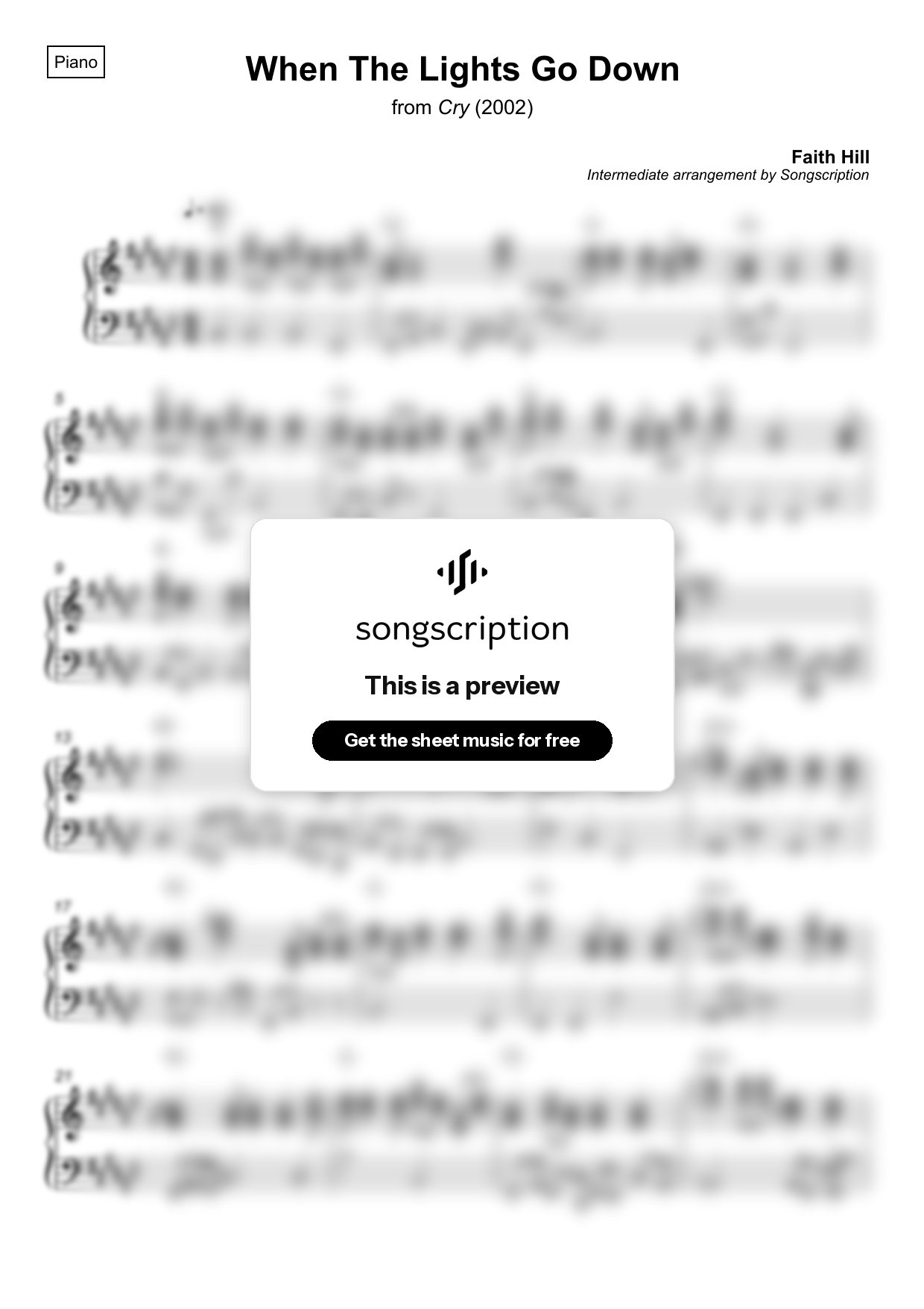 Intermediate Piano Sheet Music for "When The Lights Go Down" by Faith Hill