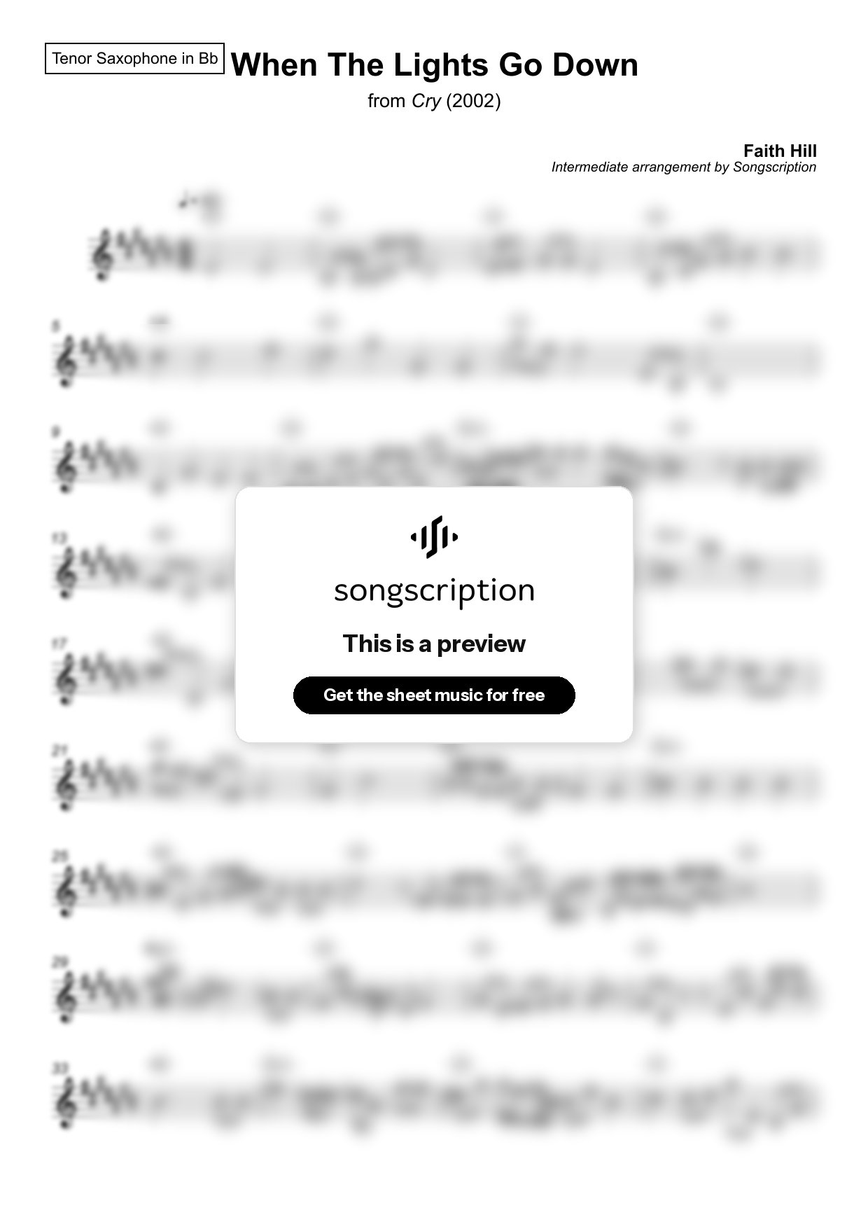 Intermediate Tenor Sax Sheet Music for "When The Lights Go Down" by Faith Hill