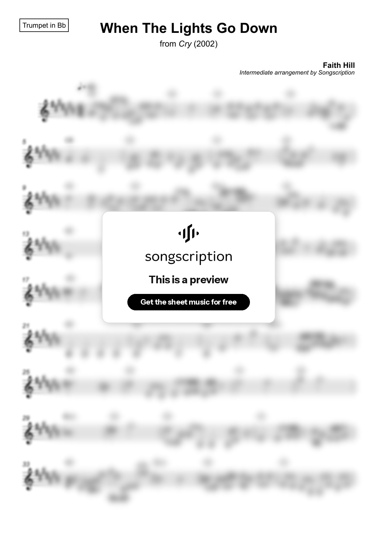 Intermediate Trumpet Sheet Music for "When The Lights Go Down" by Faith Hill