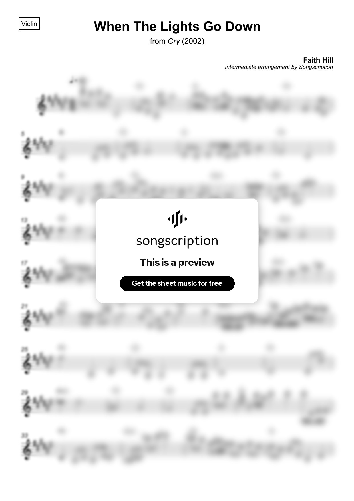 Intermediate Violin Sheet Music for "When The Lights Go Down" by Faith Hill