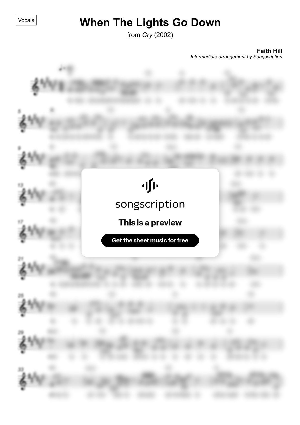 Intermediate Vocals Sheet Music for "When The Lights Go Down" by Faith Hill