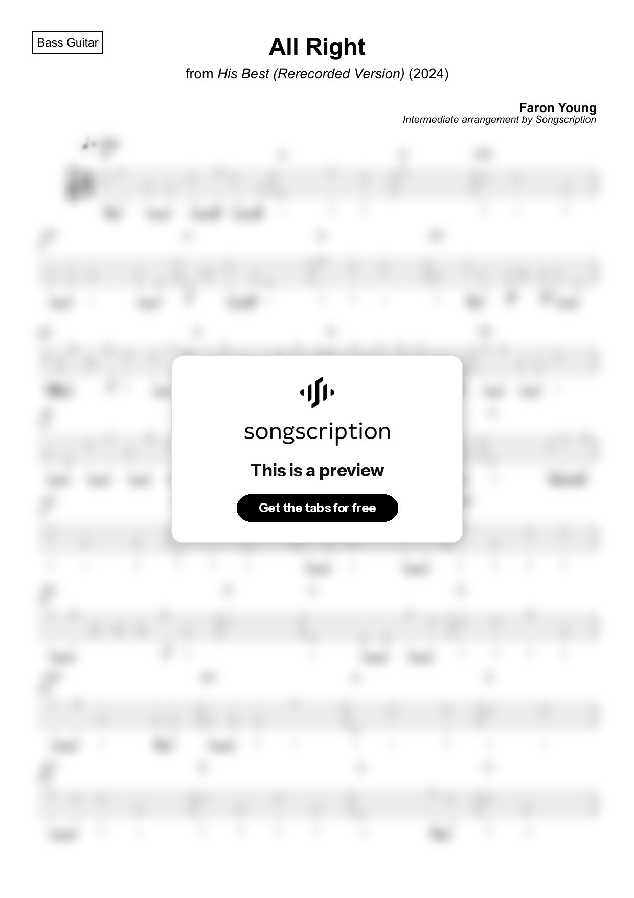 Intermediate Bass Guitar Tabs for "All Right" by Faron Young
