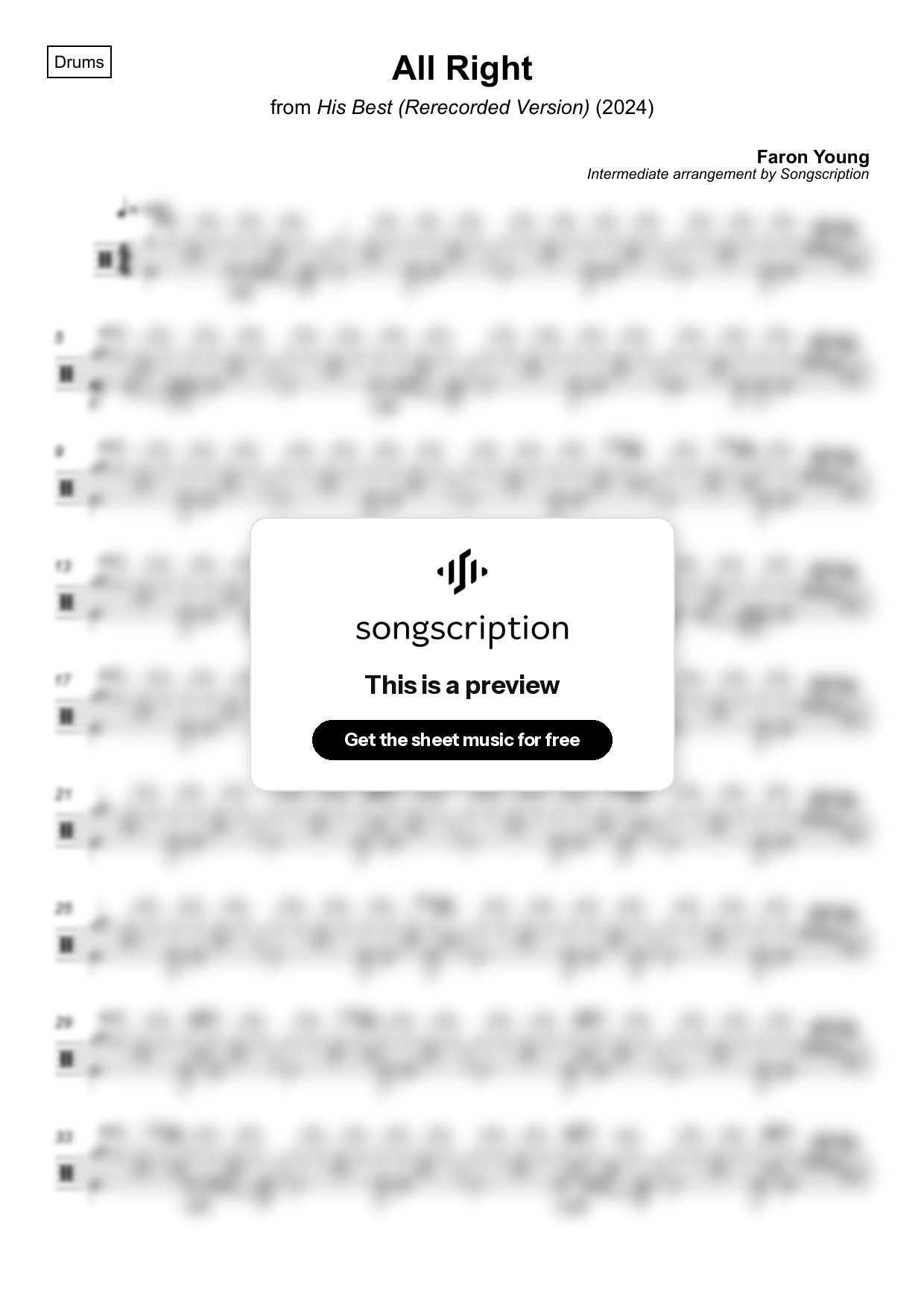 Intermediate Drums Sheet Music for "All Right" by Faron Young