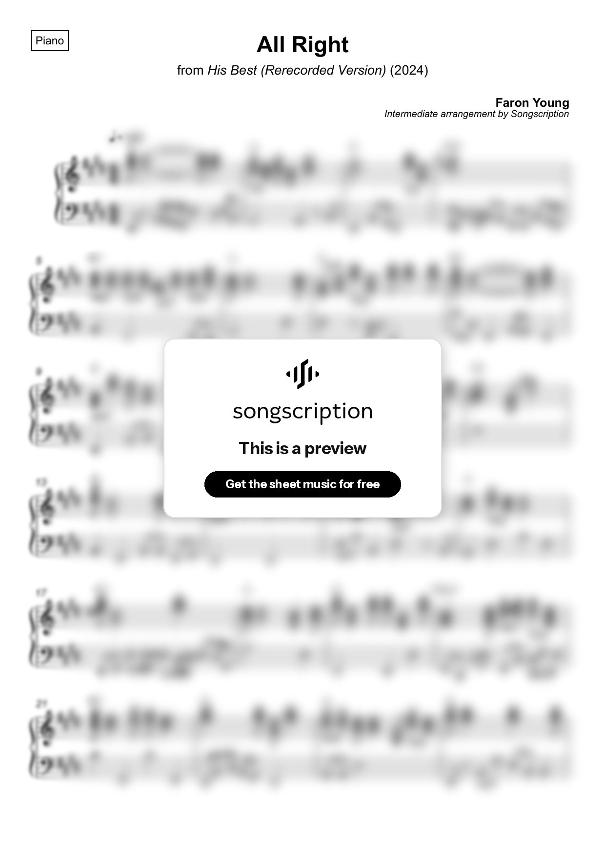 Intermediate Piano Sheet Music for "All Right" by Faron Young