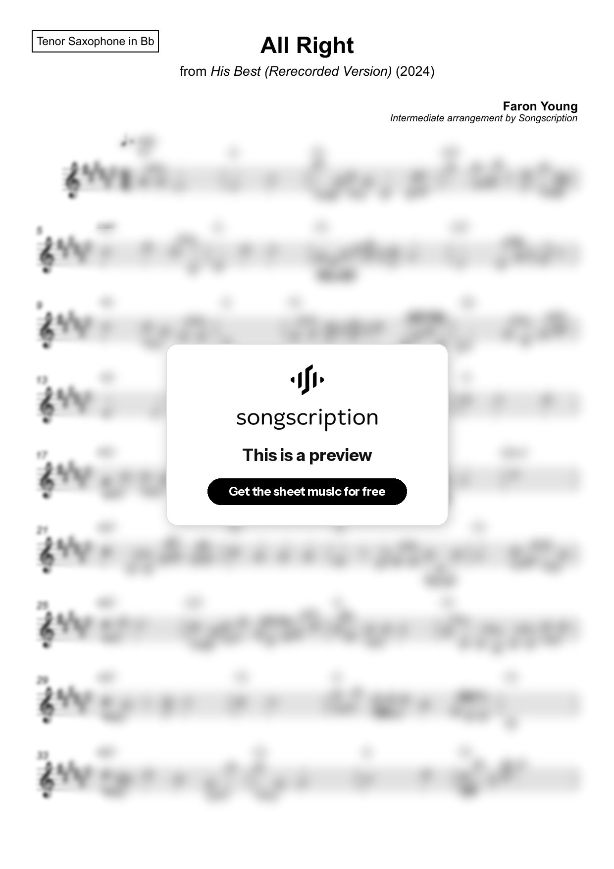 Intermediate Tenor Sax Sheet Music for "All Right" by Faron Young