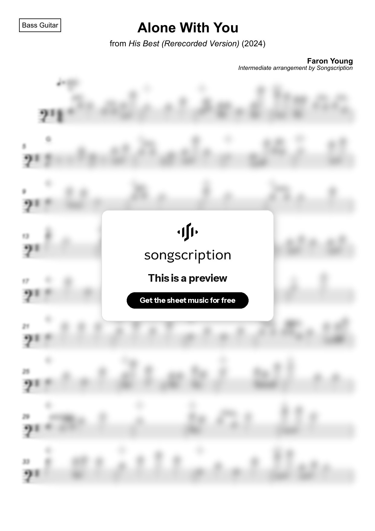 Intermediate Bass Guitar Sheet Music for "Alone With You" by Faron Young