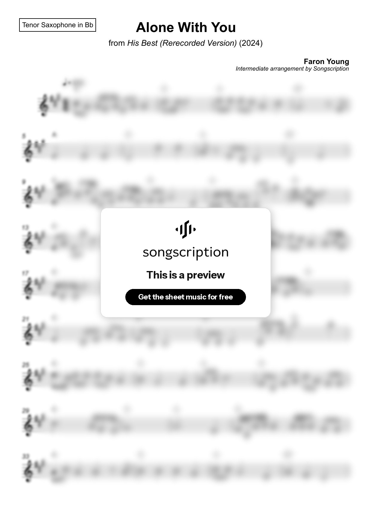 Intermediate Tenor Sax Sheet Music for "Alone With You" by Faron Young