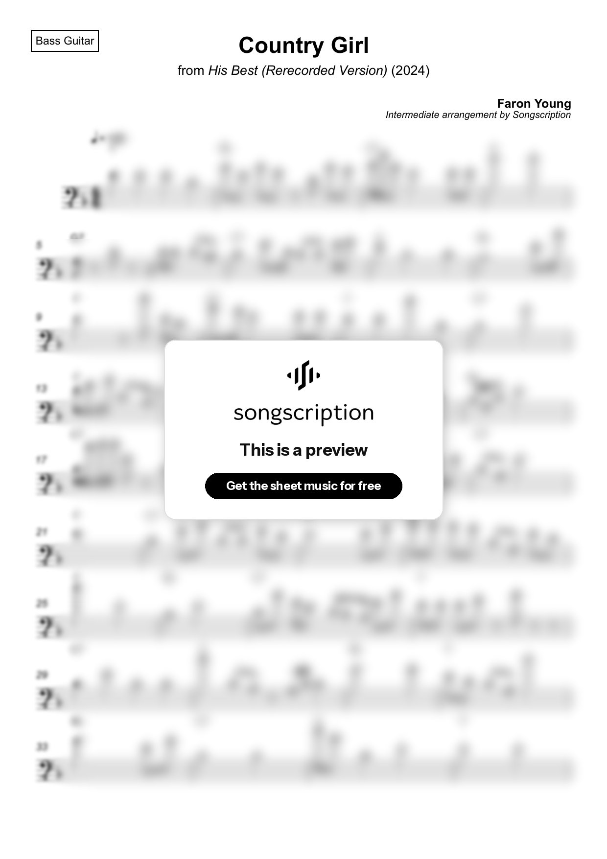 Intermediate Bass Guitar Sheet Music for "Country Girl" by Faron Young