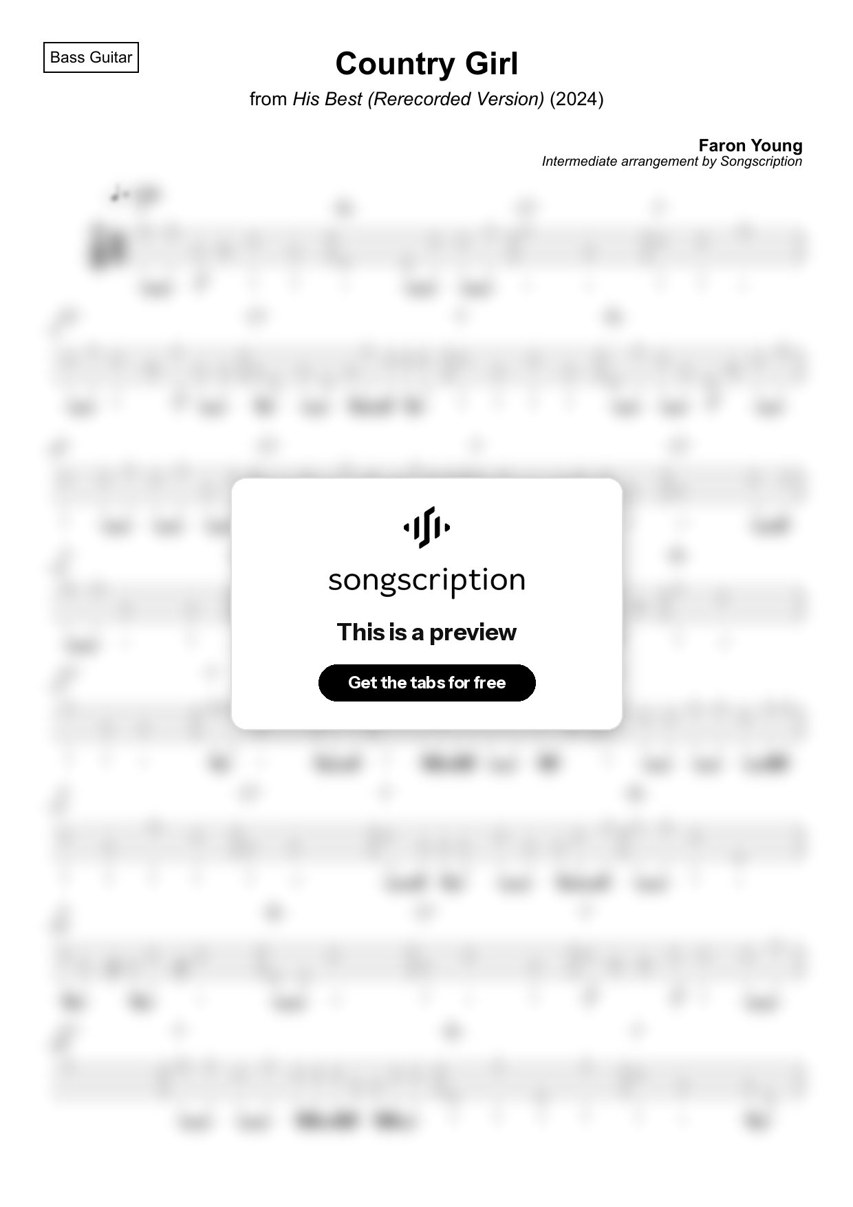 Intermediate Bass Guitar Tabs for "Country Girl" by Faron Young