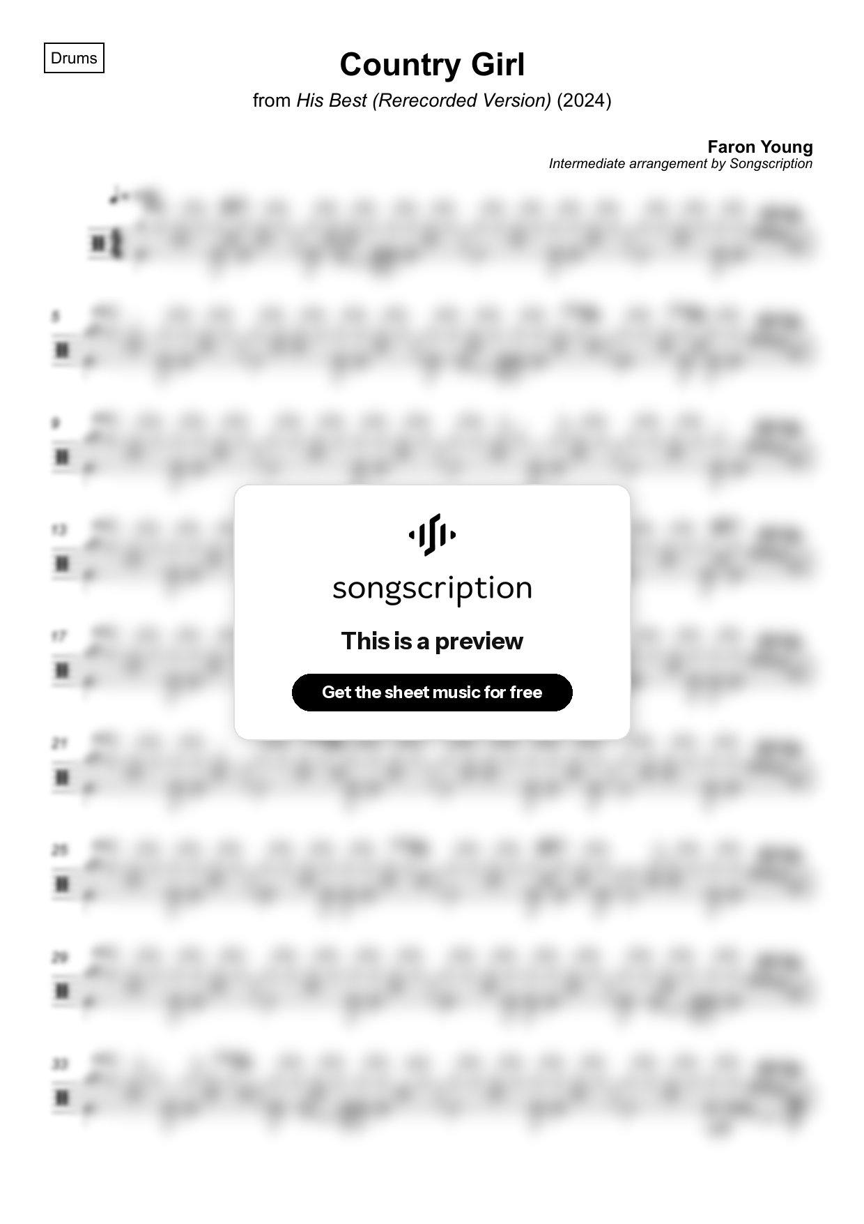 Intermediate Drums Sheet Music for "Country Girl" by Faron Young