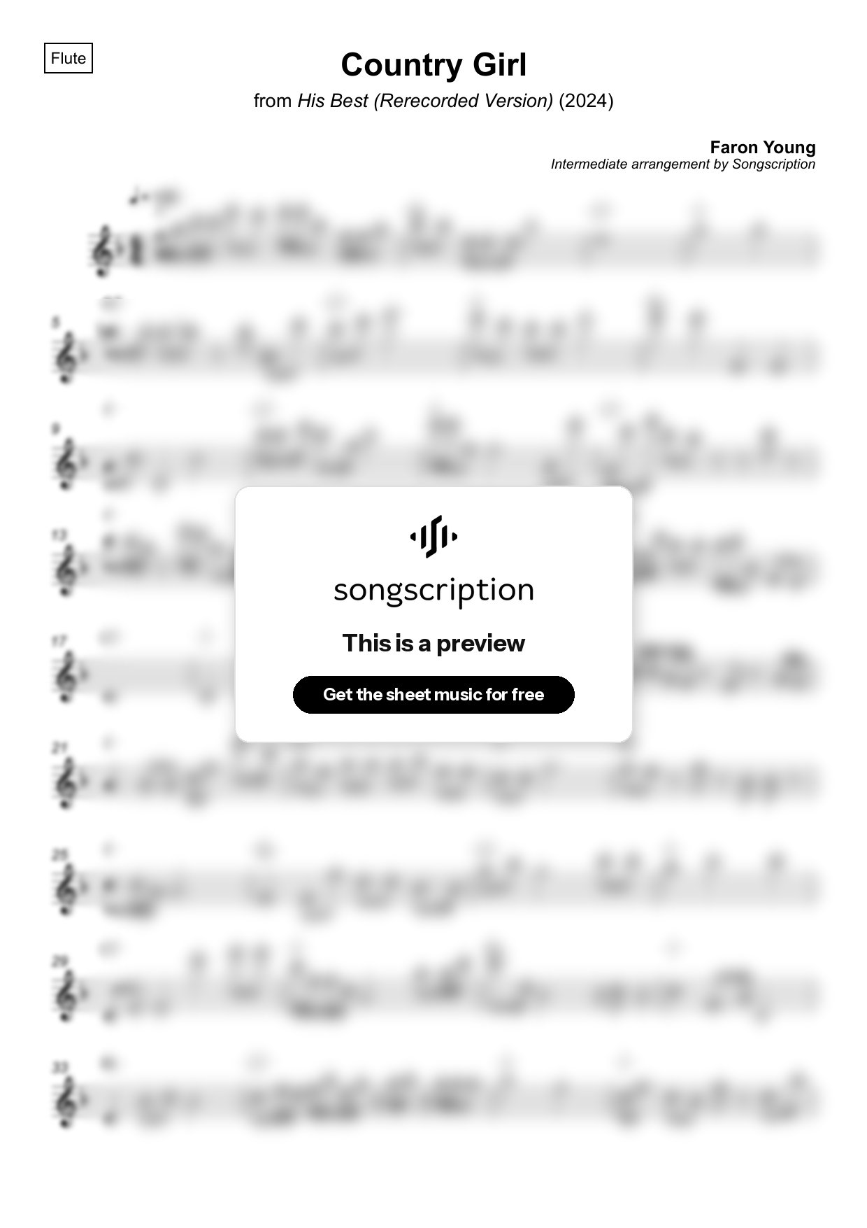 Intermediate Flute Sheet Music for "Country Girl" by Faron Young