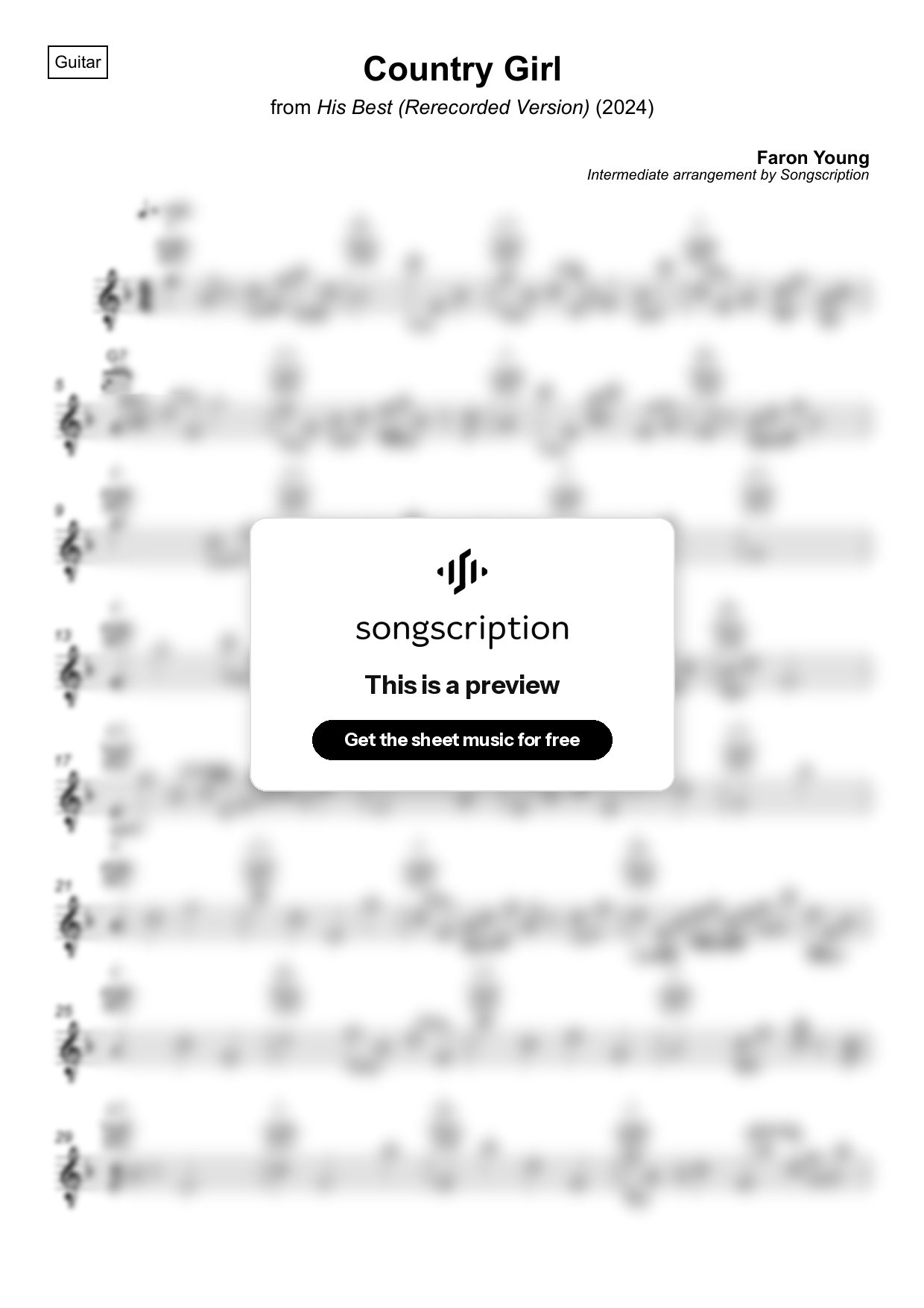 Intermediate Acoustic Guitar Sheet Music for "Country Girl" by Faron Young
