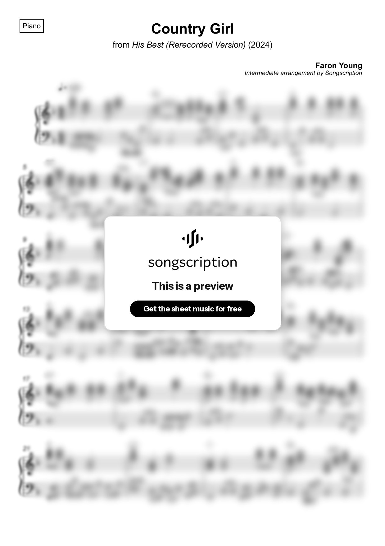 Intermediate Piano Sheet Music for "Country Girl" by Faron Young