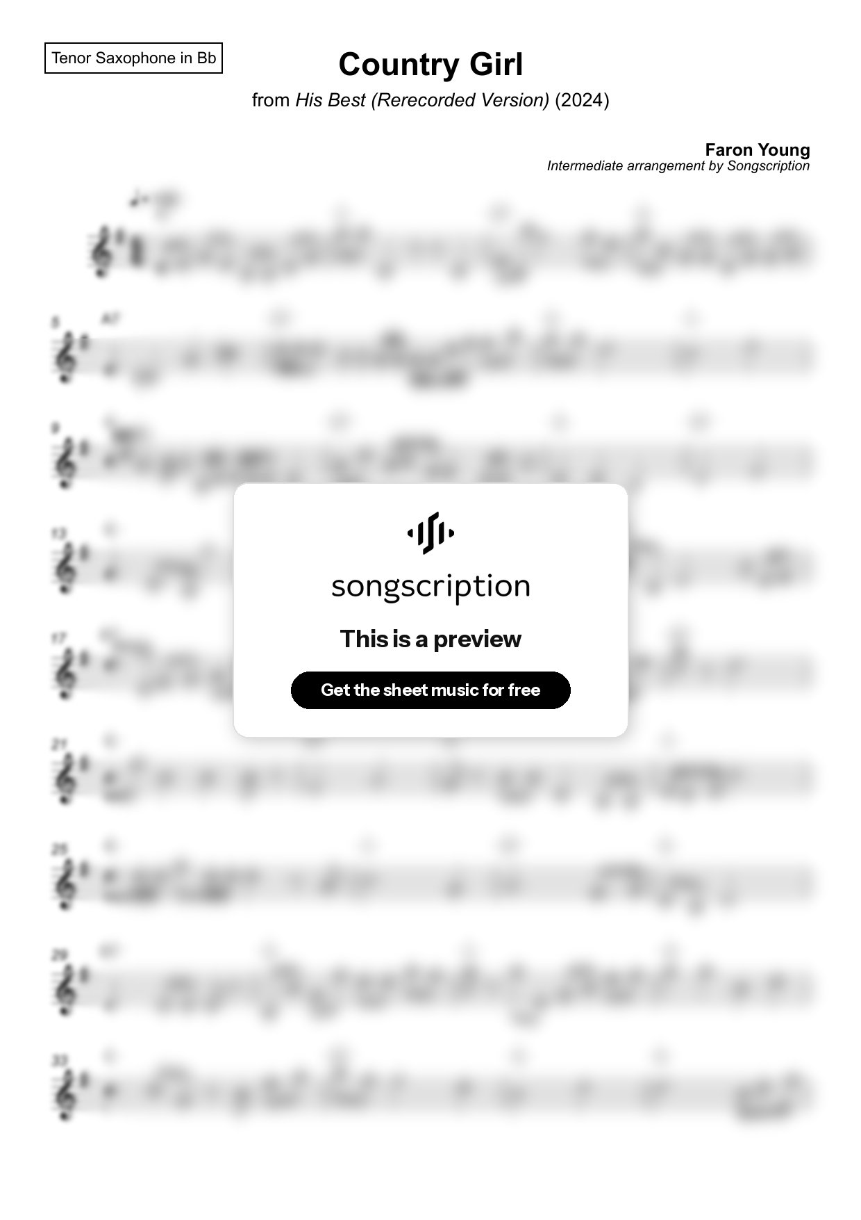 Intermediate Tenor Sax Sheet Music for "Country Girl" by Faron Young