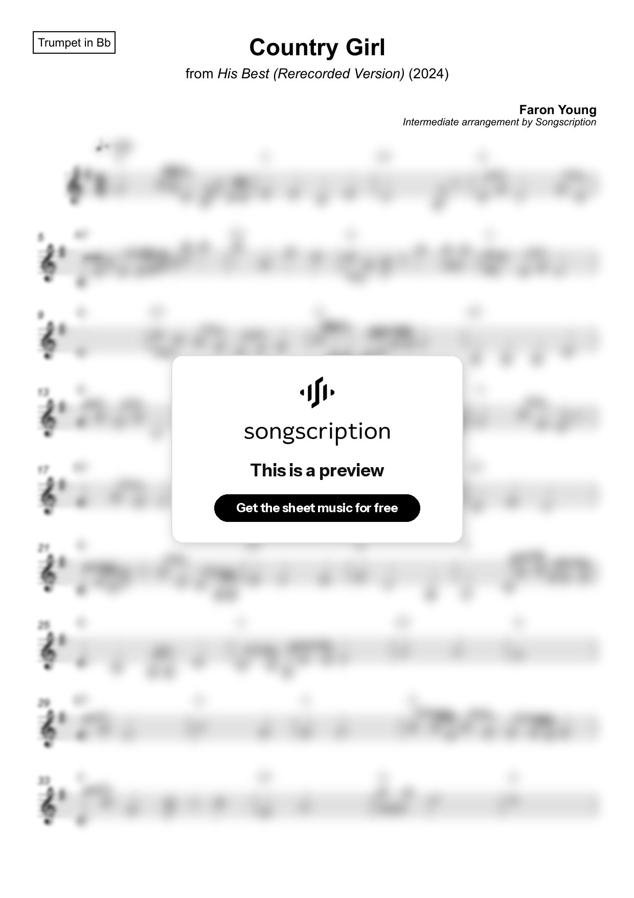 Intermediate Trumpet Sheet Music for "Country Girl" by Faron Young